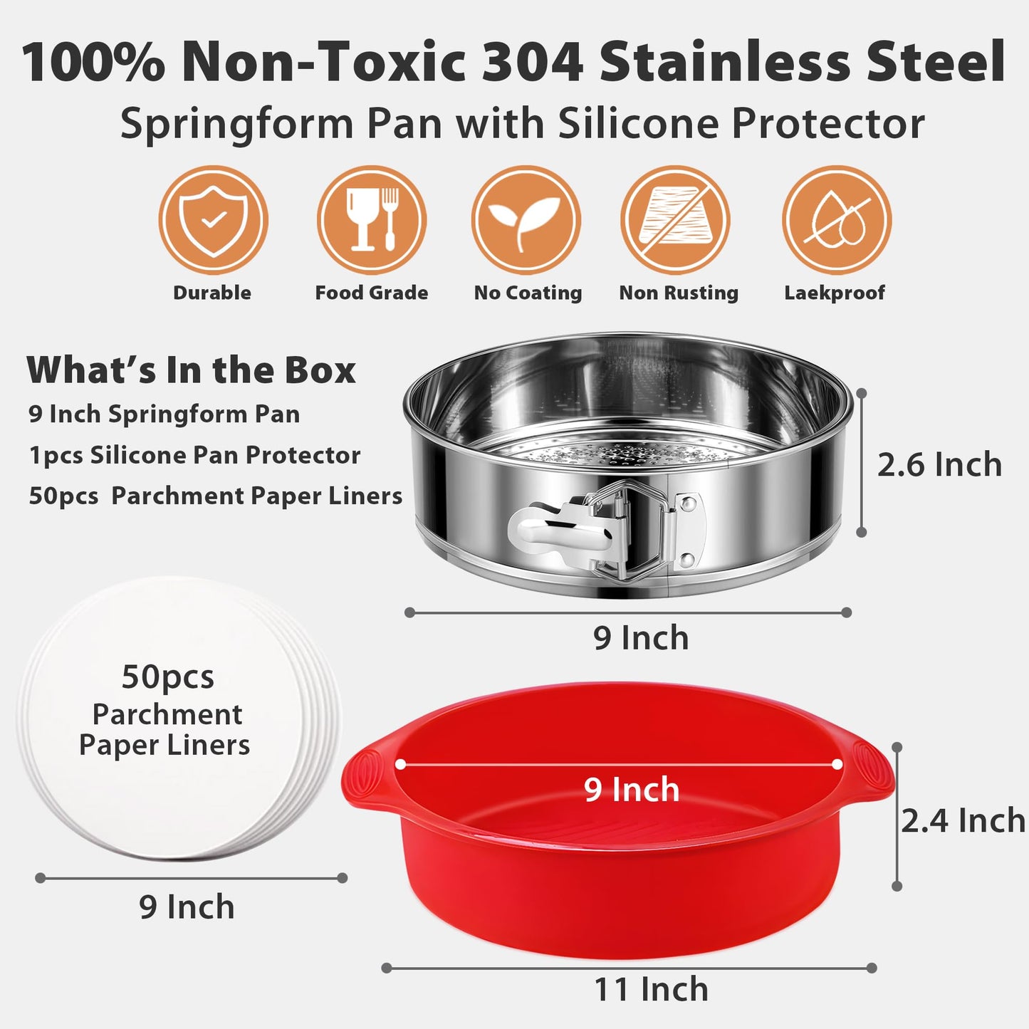 Stainless Steel Springform Pan 9 Inch Nonstick, Leakproof Spring Form Pan for Cheesecake, Cheesecake Pan with Protector, Cheese Cake Pans for Baking, 9 Inch Springform Pan with 50Pcs Parchment Paper