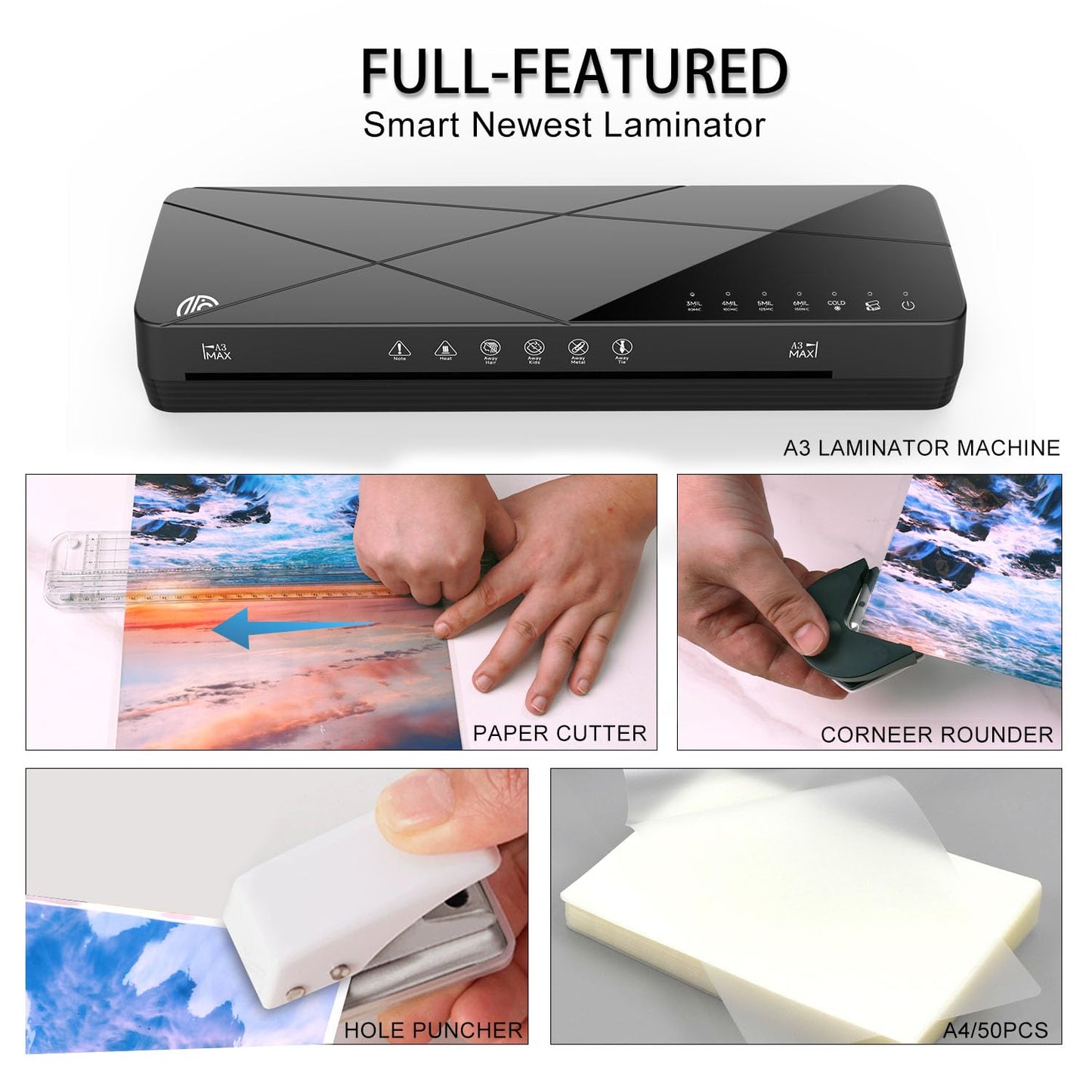 Crenova Laminator Machine 13 inch,Laminator Touch Screen with 50 Laminating Sheets, 60s Quick Warm Up Auto Off, Hot and Cold Laminator ABS Jam Free, Laminator for Home Office School, Black