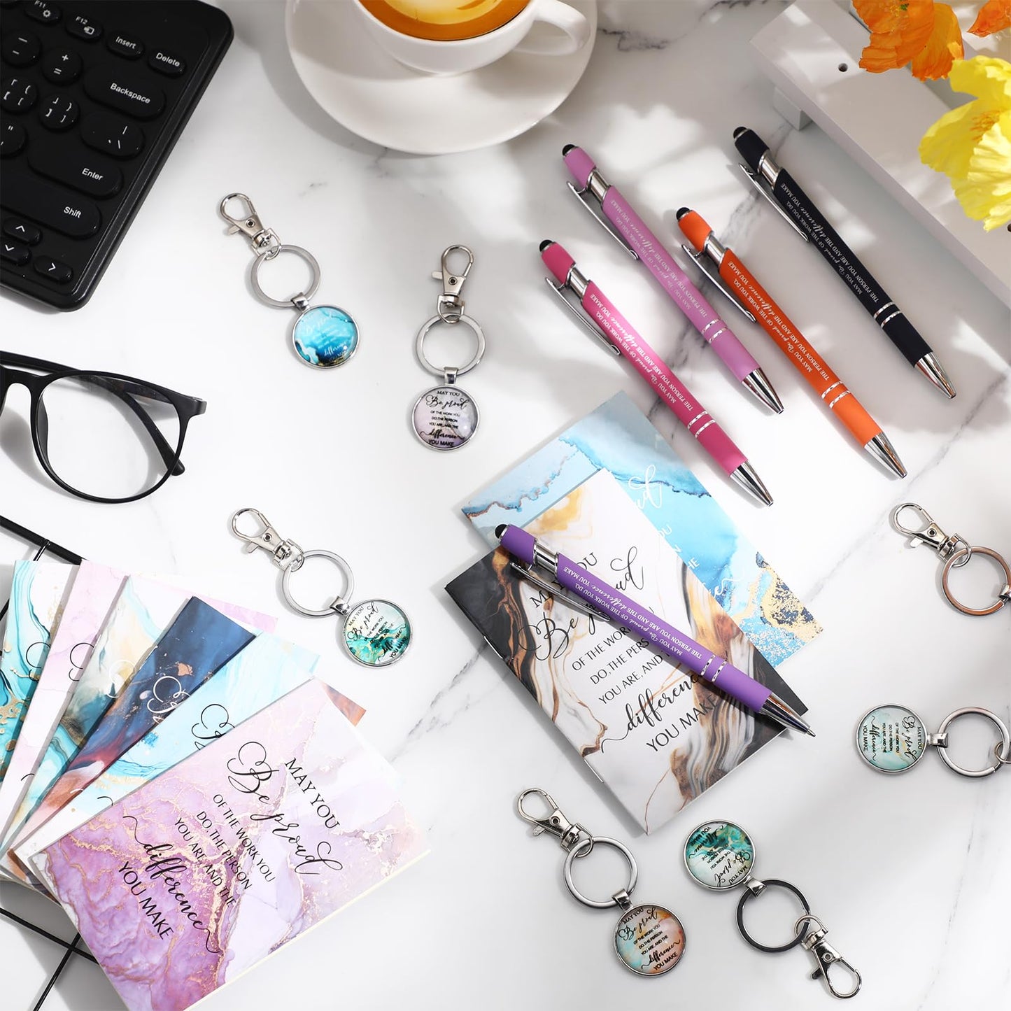 Gueevin 90 Pcs Inspirational CNA Week Gifts Bulk 2026 Employee Appreciation Gift Motivational Notepads Ballpoint Pens Keychains Set Marble Journal Notebook Christian Graduation Gift for Teacher Nurse