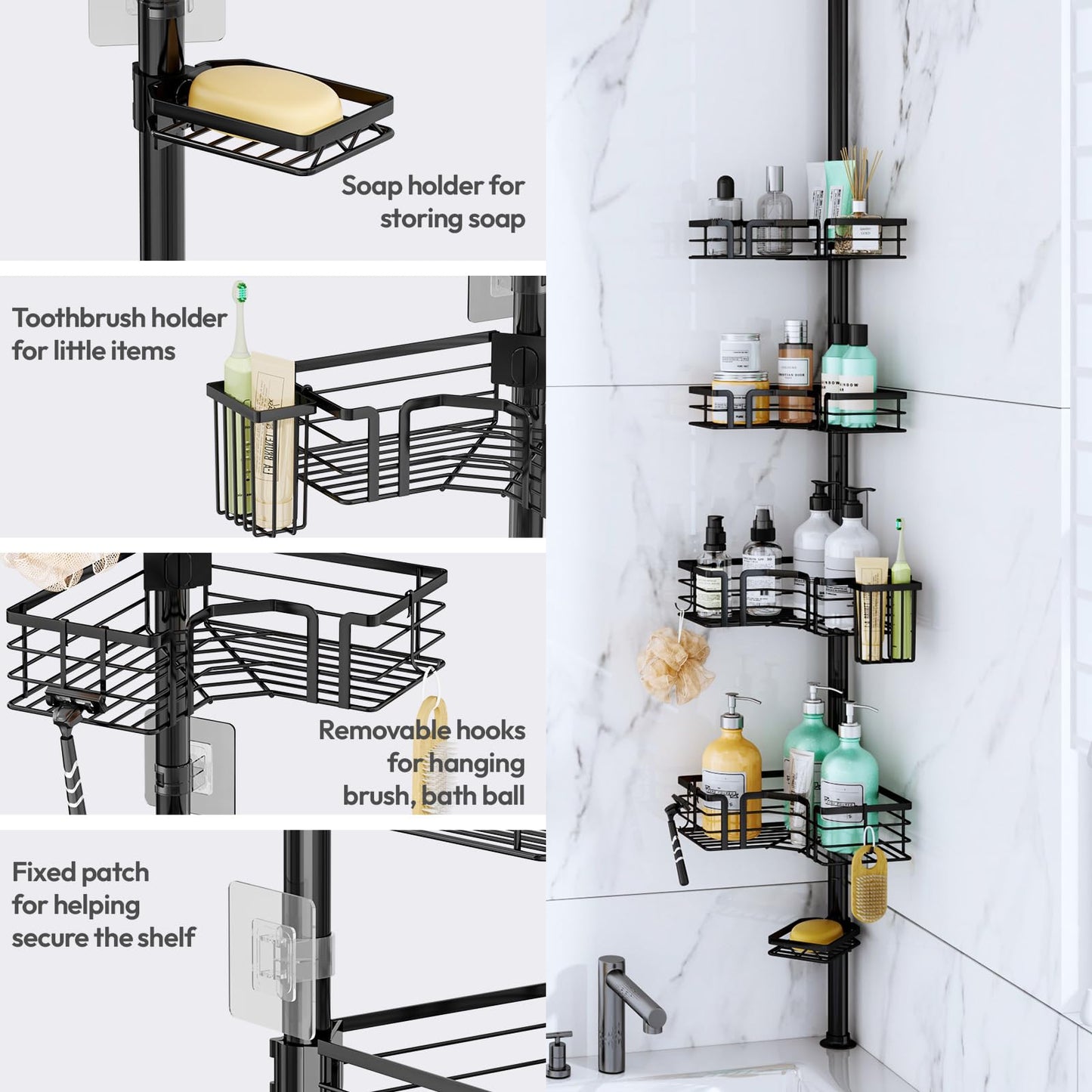 SWTYMIKI Shower Caddy Tension Pole - 4-Tier Corner Shower Organizer Tension Rod with Soap Holder, Toothbrush Holder & 4 Hooks, Adjustable Stainless Steel Bathroom Organizer 27.6 to 108.3 inch, Black