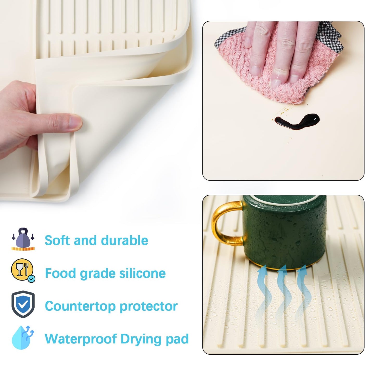 Golener Silicone Coffee Mat Set - 24" x 16" Coffee Bar Mat for Countertop, Kitchen Station Pad Accessories Fit Under Cafe Maker Espresso Machine, Dish Drying Mat, Heat Resistant Kitchen Pad, Beige