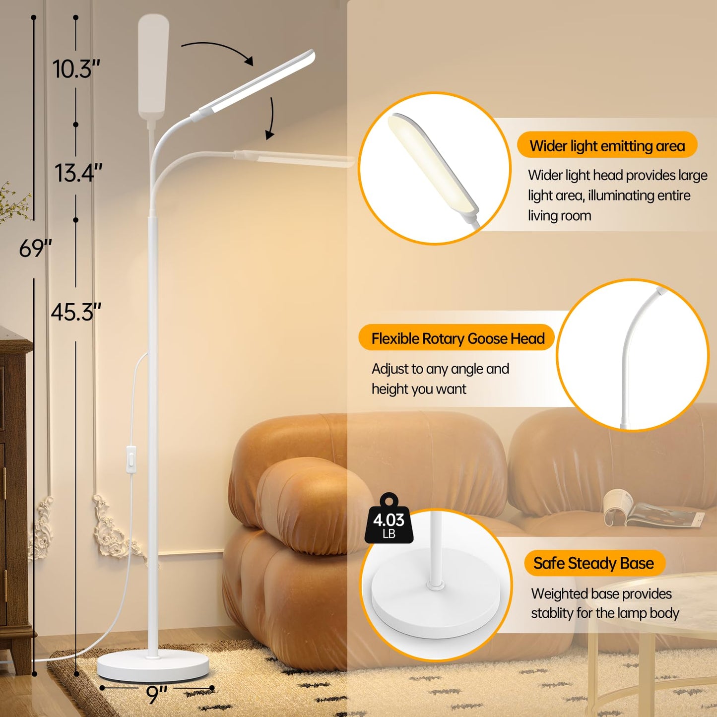 Aisutha LED Floor Lamp, 18W Super Bright Floor Lamp for Living Room, Adjustable Stepless Colors & Brightness Standing Lamp, Eye Caring Reading Light with Remote (White)