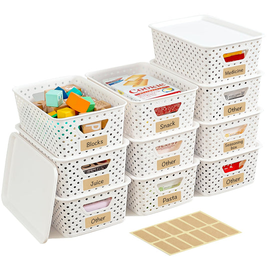 10 Pack Small Plastic Storage Bins with Lids, Stackable Plastic Storage Baskets for Organizing with Handles, Organizer Bins with Labels for Room, Craft, Containers for Pantry Organizers and Storage