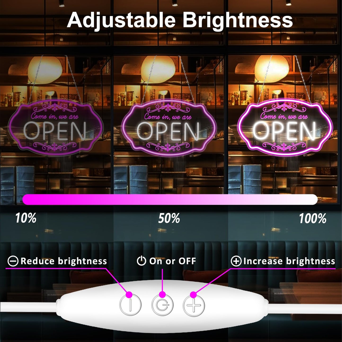LED Neon Open Sign for Business, 16.5x10'' Come in We’re Open Sign, Pink&White Adjustable Brightness Neon Lights for Party, Bar, Salon, Stores, Hotel, Wall Decor, Clubs, Hotels