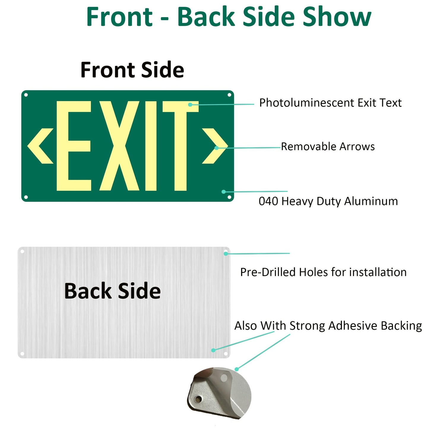 (2Pack) Photoluminescent Exit Sign, Glow In The Dark Aluminum Exit Sign Green - Adhesive Backing - 4pcs Removable Arrows Included - 14.25 x 7.5 Inches - Non Electrical Exit For 50 Feet Visibility