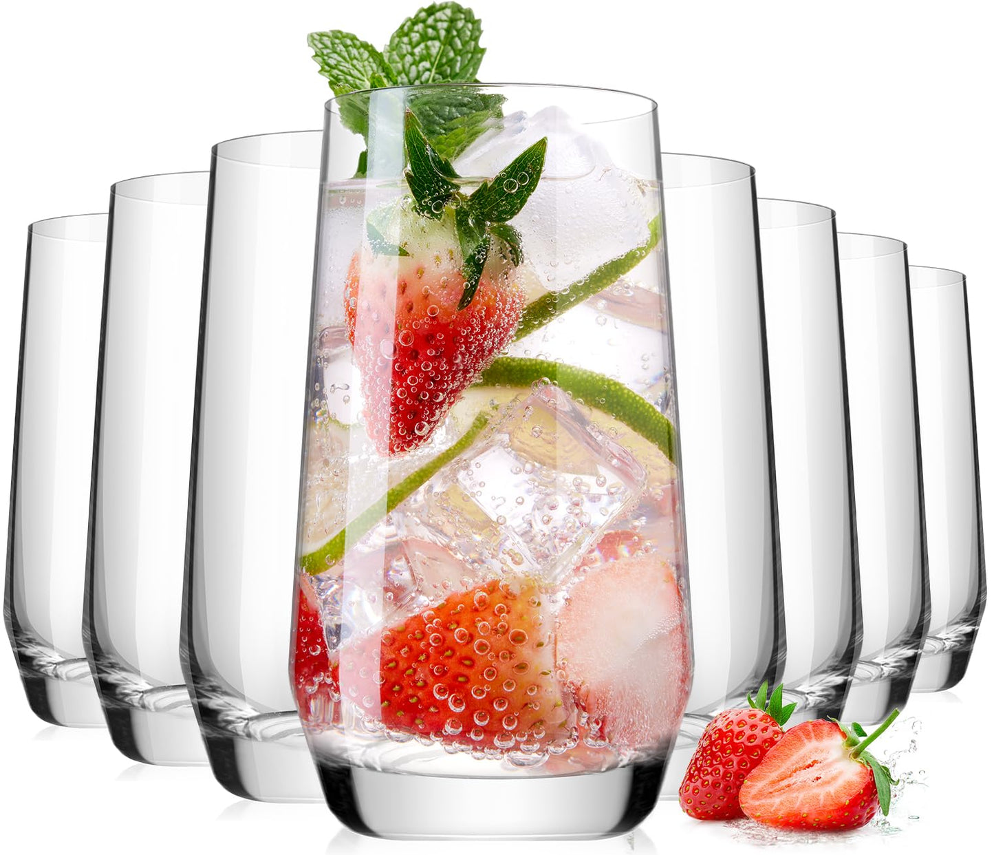 Drinking Glasses Set, Tall Water Highball Glasses, Unique Design Lead-Free Crystal Glassware, Glass Cups for Mojito and Mixed Drink Cocktail Glass Set of 8 16.2oz