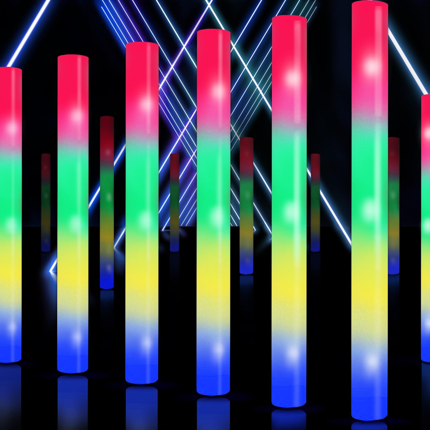 100 Pcs 18.5 inch Foam Glow Sticks Bulk, 4 Color LED Light Foam Sticks, Glow In The Dark Party Supplies, 3 Modes Colorful Flashing for Birthday Wedding Easter Halloween Christmas