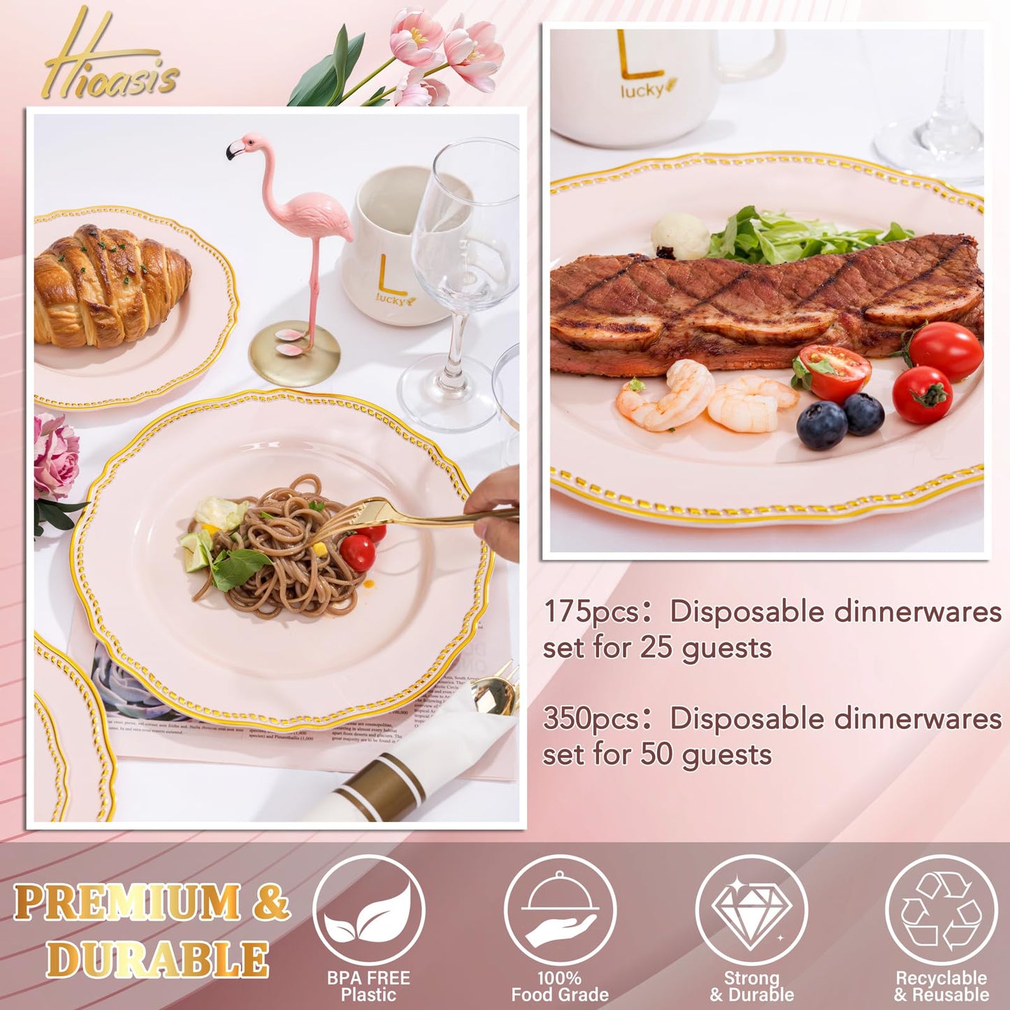 Hioasis 175pcs Pink and Gold Plastic Plates - Pink Plastic Dinnerware Set Includes 25 Dinner Plates, 25 Dessert Dinnerware, 25 Cups, 25 Napkins Perfect for Wedding & Easter