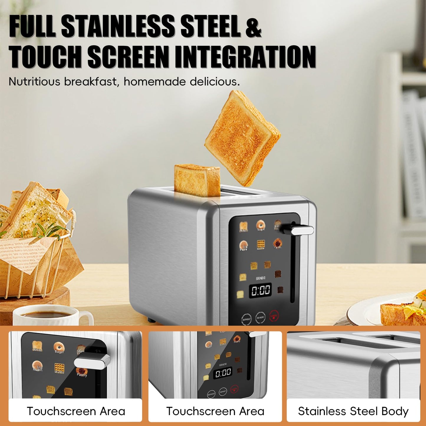 WUNLY Touch screen Toasters 2 slice, Stainless Steel Digital Timer Toaster with Sound Function, 6 Bread Types & 6 Shade Settings, Smart Extra Wide Slots Toaster with Bagel, Defrost Functions,Platinum