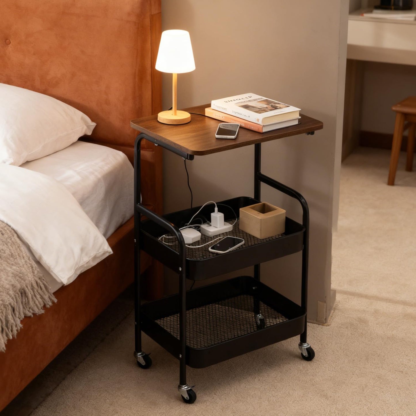 Beramon 3-Tier Metal Rolling Utility Cart with Wooden Tabletop, Mobile Storage Organizer with Lockable Wheels for Kitchen, Bathroom & Home