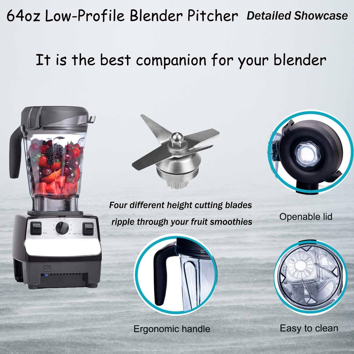 64oz Low-Profile Blender Pitcher, Blender Container Jar Cup,Compatible with Vit 780 75-0 75-00 5000 5200 Vm0102 Vm0103 Vm0197 E310 Pro/Commercial/Classic Series Blender, 10 Years warranty