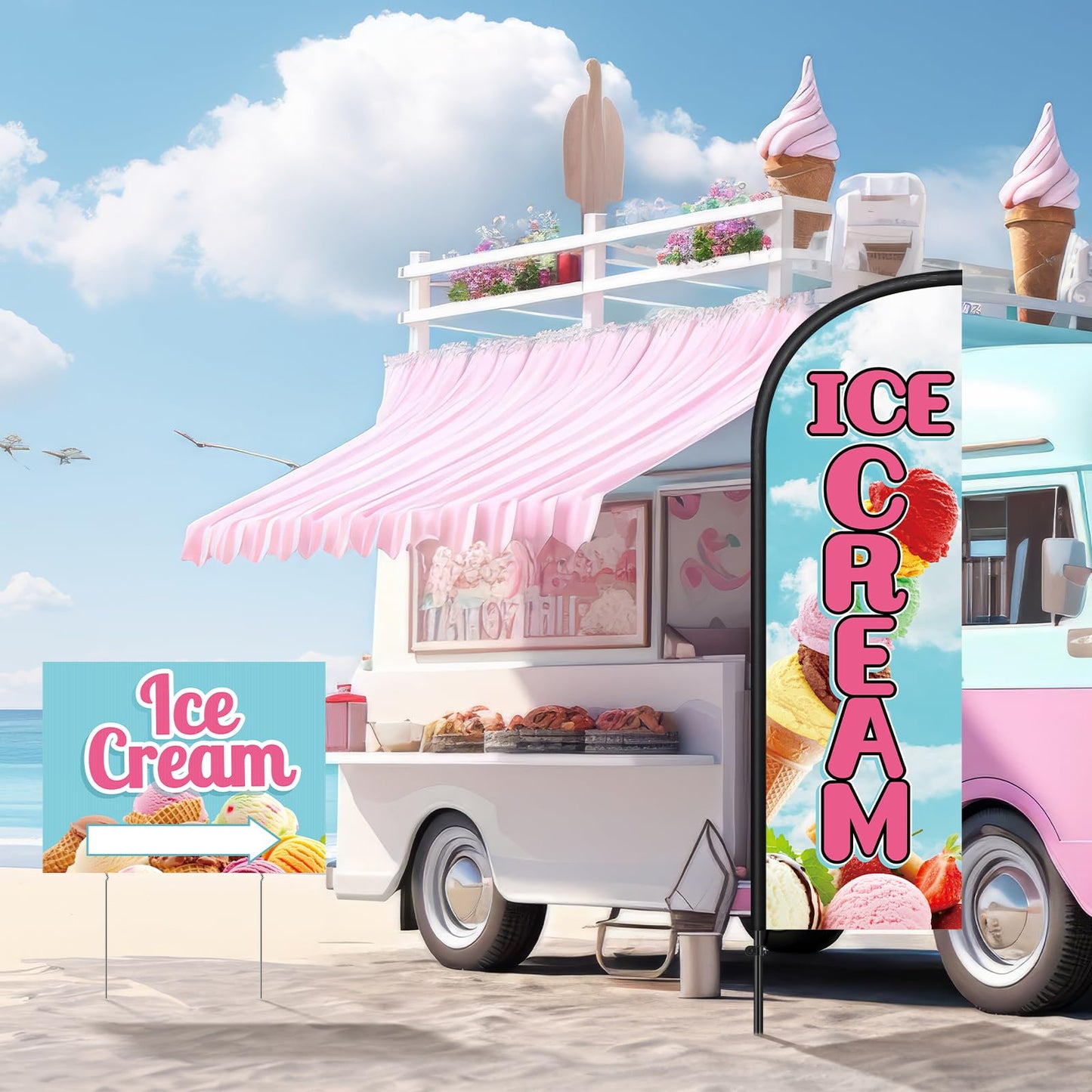 Hahafelt 3 Pcs Ice Cream Shop Sign 1 Pcs 7 ft Ice Cream Flag with Pole Kit Yard Sign with Metal Stakes Feather Windless Swooper Shop Flags for Outdoor Business Advertising