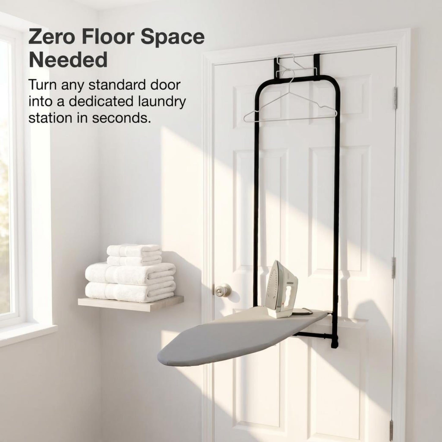 Household Essentials Over the Door Ironing Board, Self-Closing, Slim and Compact, Perfect for Small Spaces, Includes Padded Board Cover, Matte Black
