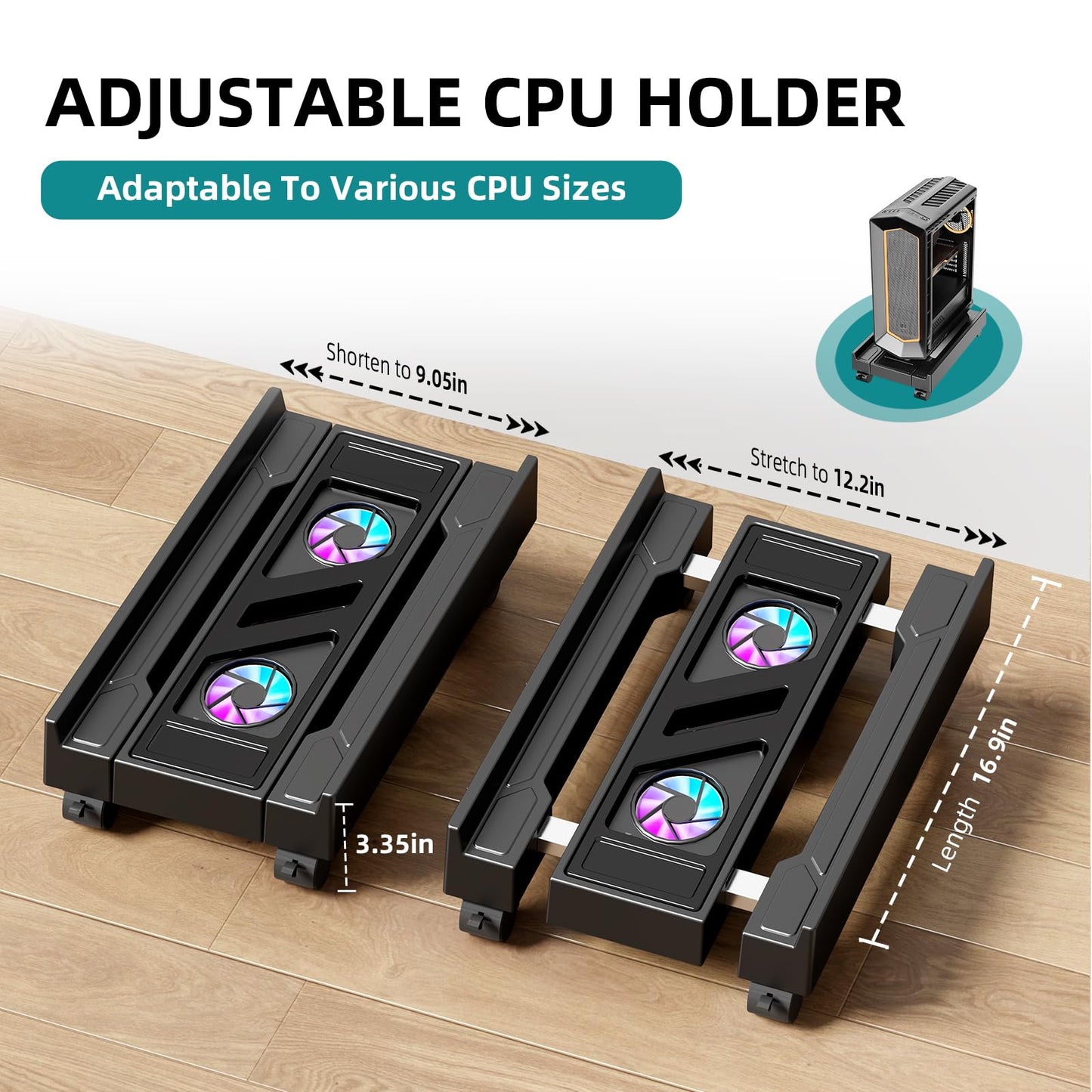 Adjustable Computer Tower Stand with Cooling Fan, Mobile CPU Holder with 4 Rolling Casters, Under Desk CPU Bracket PC Floor Cart PC Riser for Office, Home and Classroom. (Fan version)