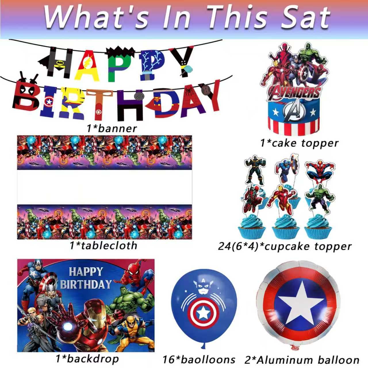 46Pcs superhero Birthday Party Supplies, Avengers Party Decorations Set Include Banner, Backdrop, Balloons, Hanging Swirls, Cake Cupcake Toppers, Tablecloth for Boys Girls Avengers Theme Party