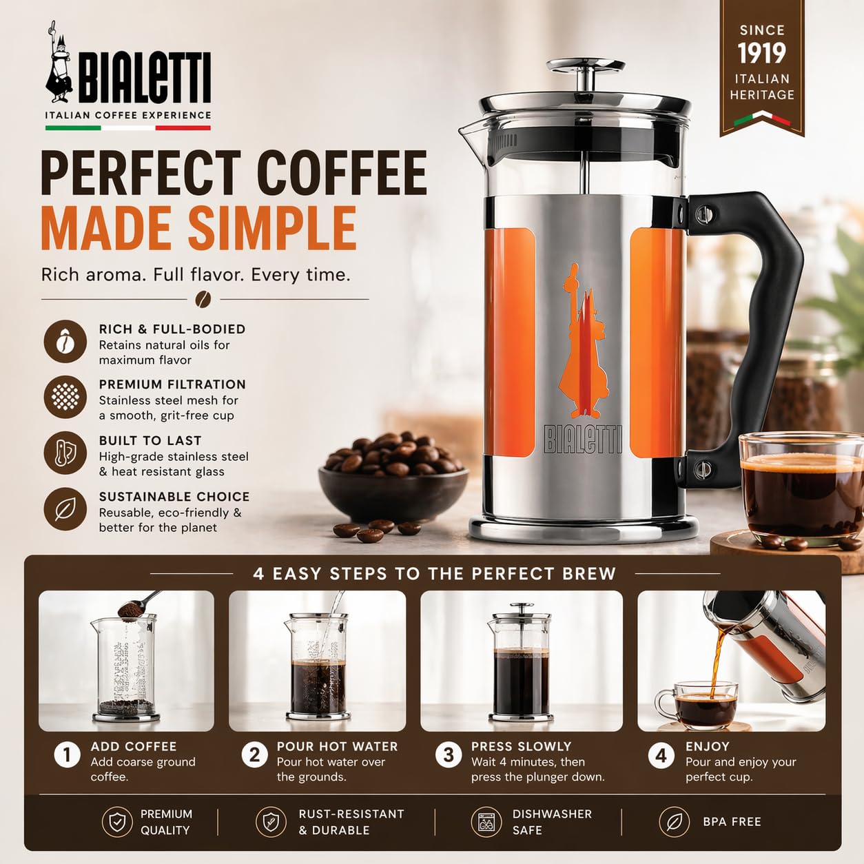 Bialetti Coffeepress French Press Coffee Maker, 8 Cup, Preziosa Stainless Steel (06852)