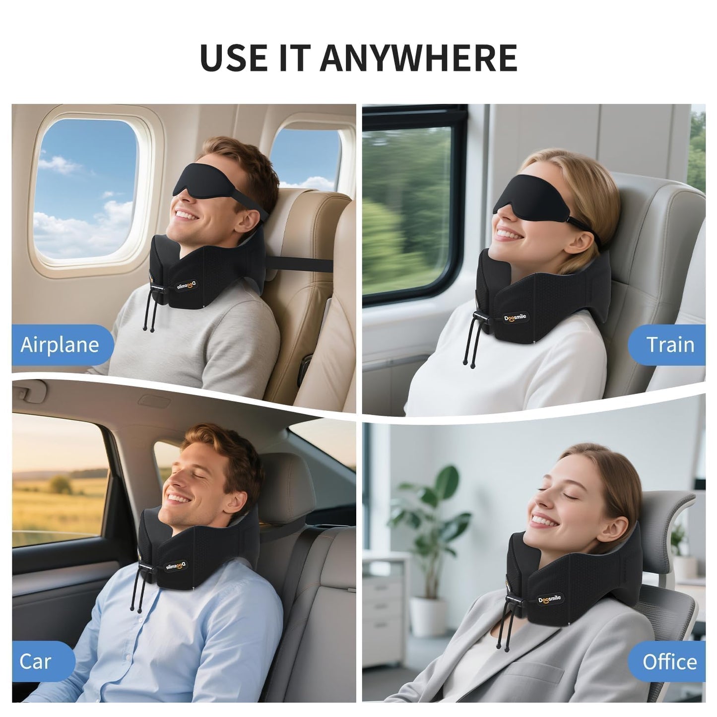 Doosmile Patented Head-Bobble-preventing Ergonomic 360° Supporting Golden Formula Memory Foam Travel Neck Pillow w/3D Contoured Eye Mask Set Long Trip Sleeping Essentials for Airplane Flight Car Bus