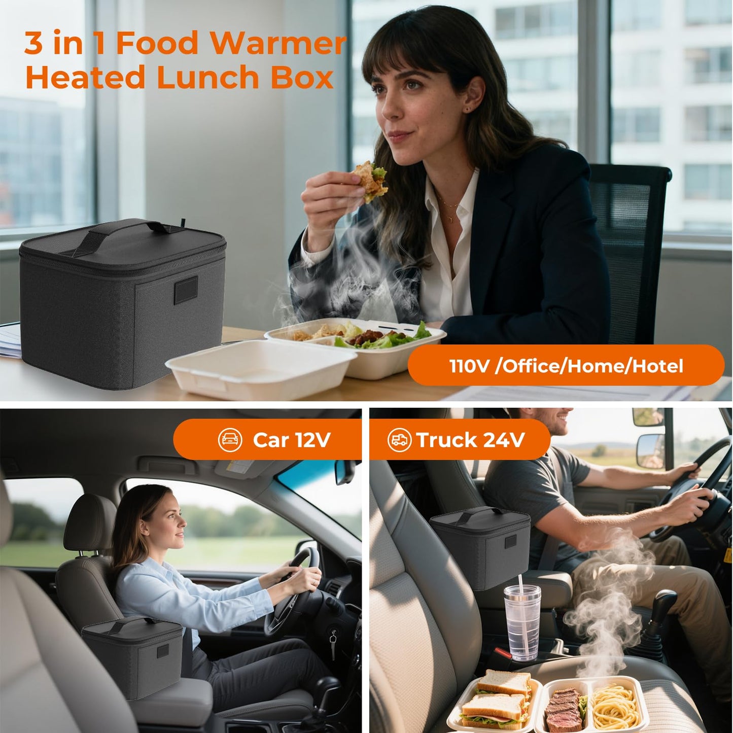 AICPAN Portable Electric Lunch Box Food Heater,12V/24V/110V 3-in-1 Food Warmer Box, Mini Portable Oven Car Food Warmer, Heated Lunch Bag for Adults Office Travel Work Truck Meal Reheating