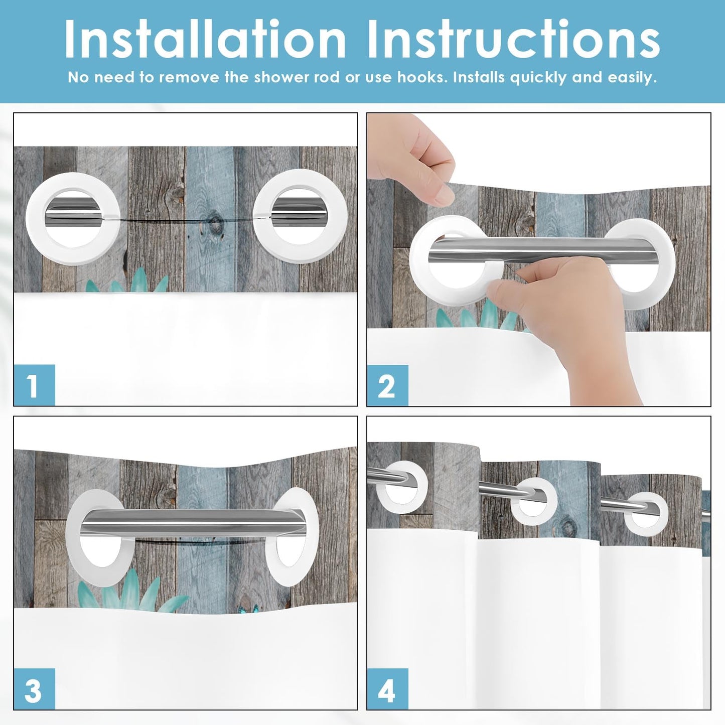 Nesphy No Hook Rustic Farmhouse Shower Curtain with Snap in Fabric Liner Set, Teal Daisy Flowers and Butterfly on Wooden Double Layers Waterproof with See Through Top Bath Curtain 71x74 Inch