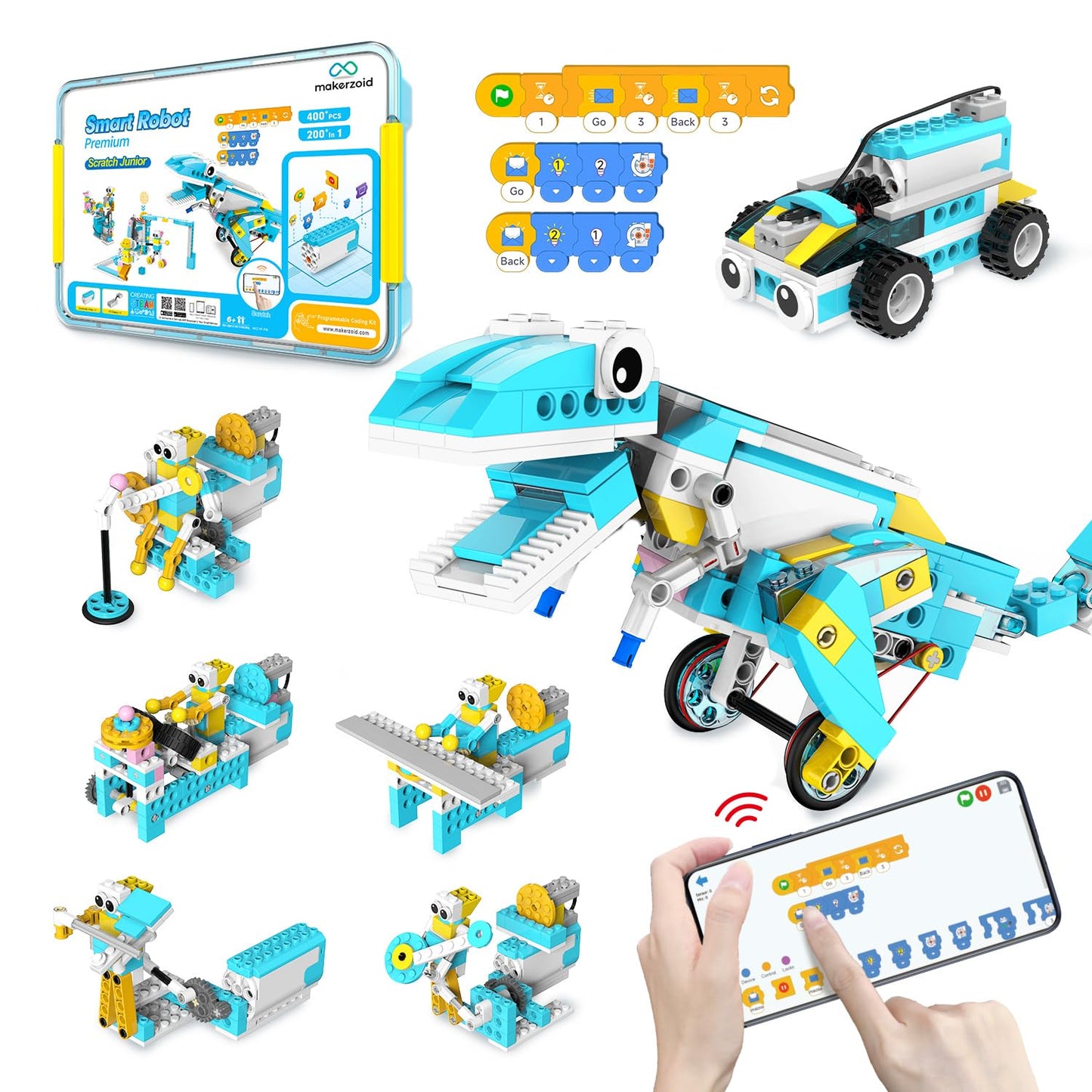 Makerzoid Coding Robot Kit for Kids, 200-in-1 RC Robot Building Toys with Motor Sensor,Scratch JR Coding Set with 36 Video Courses, Birthday Childrens' Day Gift for Kids 6+ (400+ Blocks)