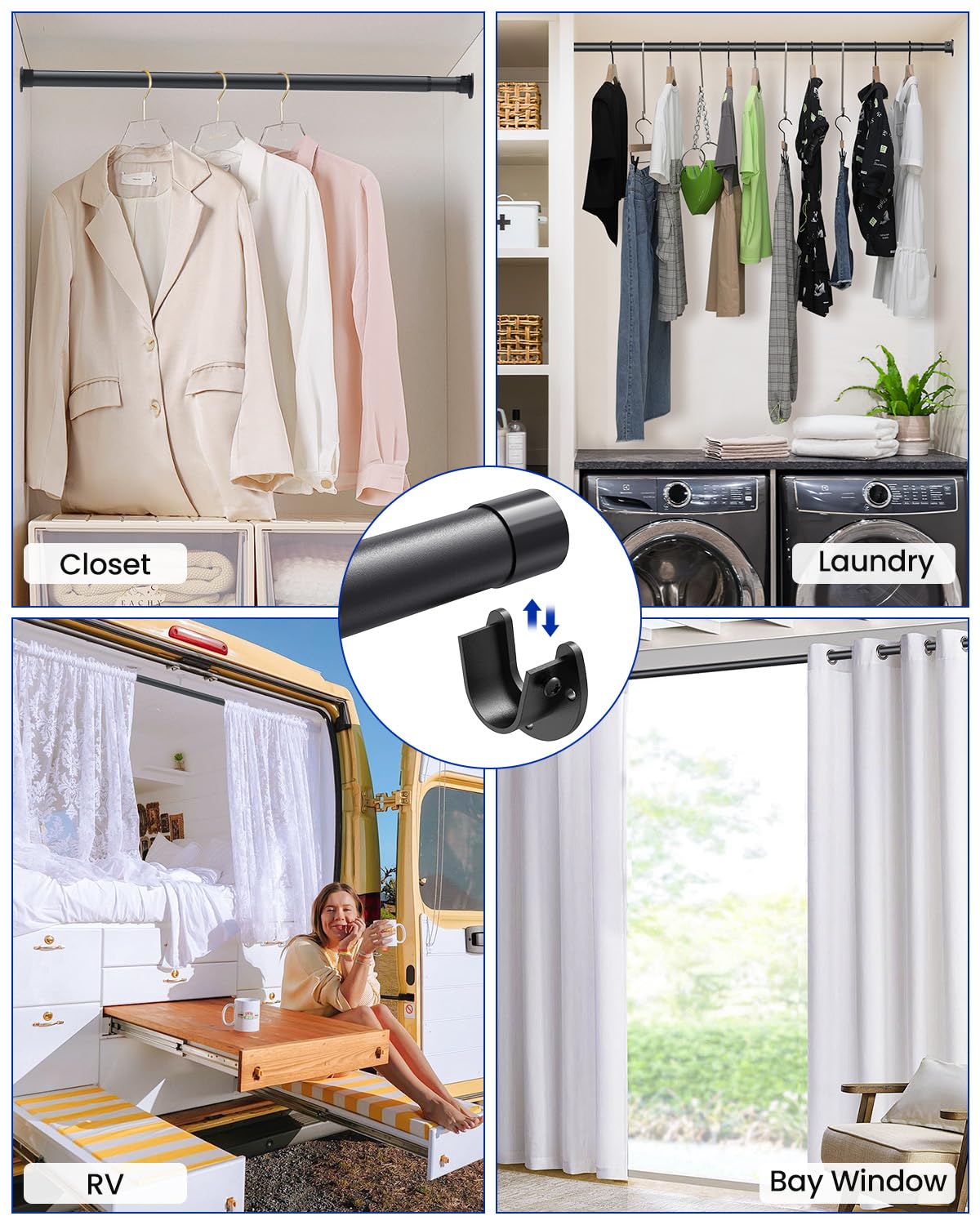 Supforce 3 PACK Closet Rods for Hanging Clothes, 17 to 84 Inches Stepless Adjustable Metal Closet Rod, 1.3 Inches Heavy Duty Clothes Hanging Rod for Closet Wardrobes Laundry RV, Black