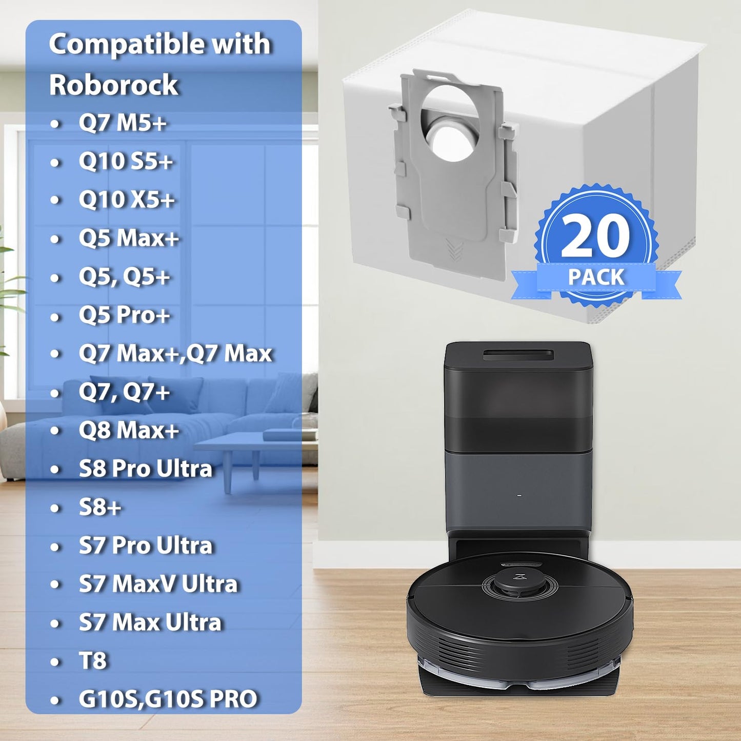 Sinnya 20 Pack Q5 Q7 Dust Bag for Roborock Q7 M5+, Q10 S5+, Q10 X5+, Q5 Max+, S8+, S8 Pro Ultra, Q7 Max+/Max, Q8 Max+, S7 Pro Ultra, Q5+, S7 MaxV Ultra Robot Vacuum, 3.5L Large Capacity Disposable Bag