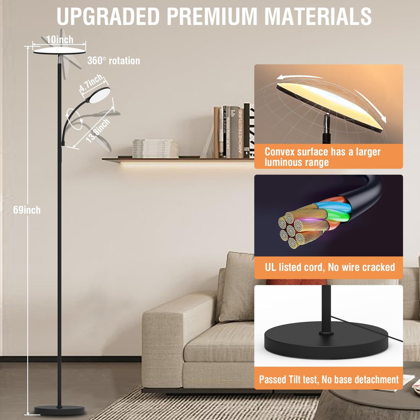 marctronic Floor Lamps for Living Room, 44W/4500LM Super Bright 2 in 1 LED Floor Lamp with Remote, Stepless Dimmable, 69" Tall Standing Floor Lamp with Bendable Reading Light for Bedroom Office