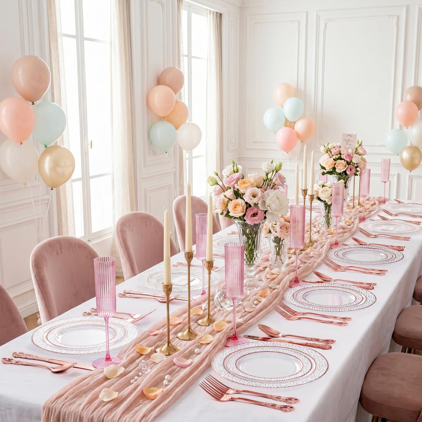 Joyido 36 Pack Pink Plastic Champagne Flutes - 6oz Ribbed Disposable Champagne Glasses - Clear Pink Vintage Mimosa Glasses with Long Stem Elegant & Lightweight for Wedding Party
