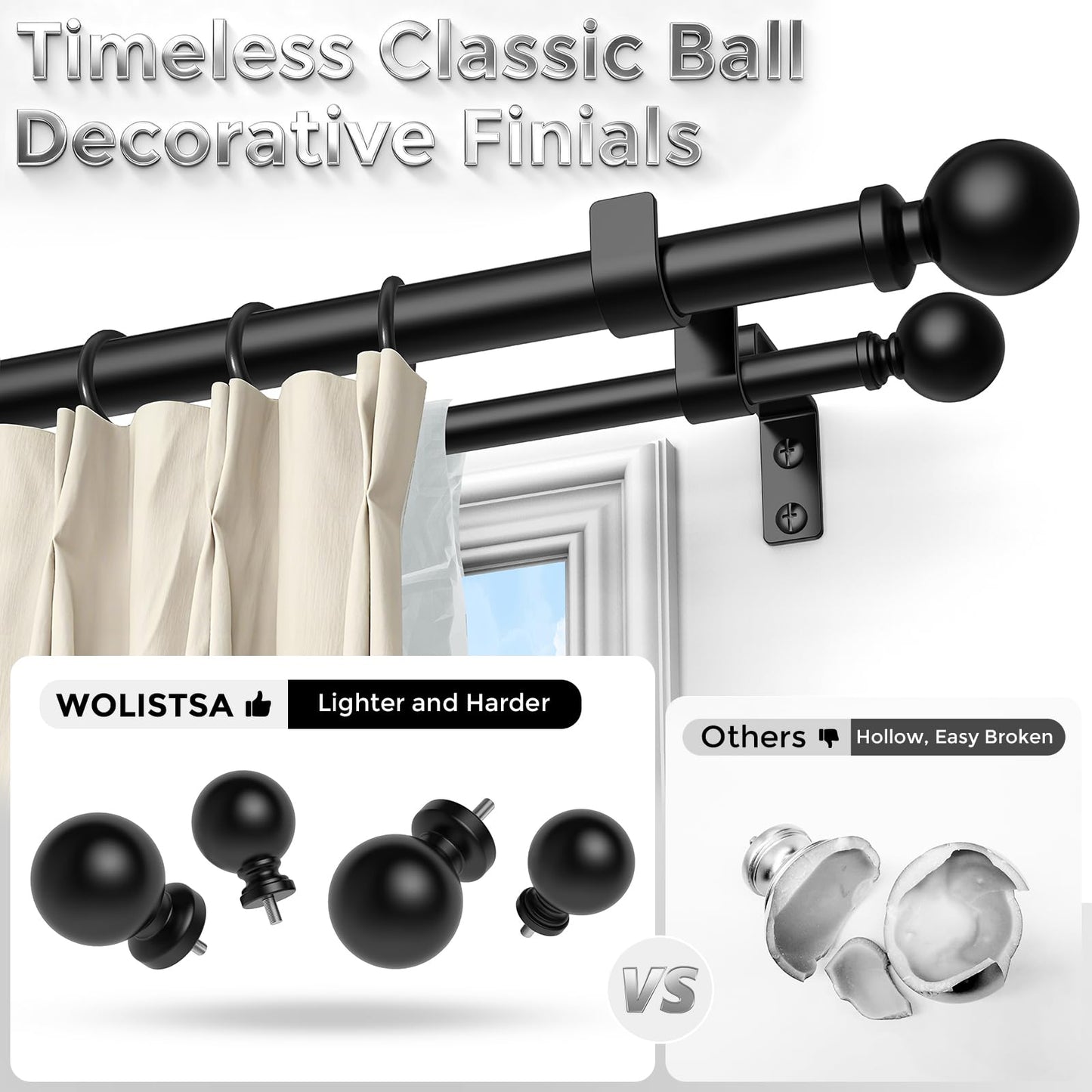 Wolistsa Double Curtain Rod 36-91 Inch, Black Dual Curtain Rods for Windows, 1 Inch Decorative Adjustable Heavy Duty Telescopic Spliced Window Treatment Rods Set for Bedroom Living Room Farmhouse