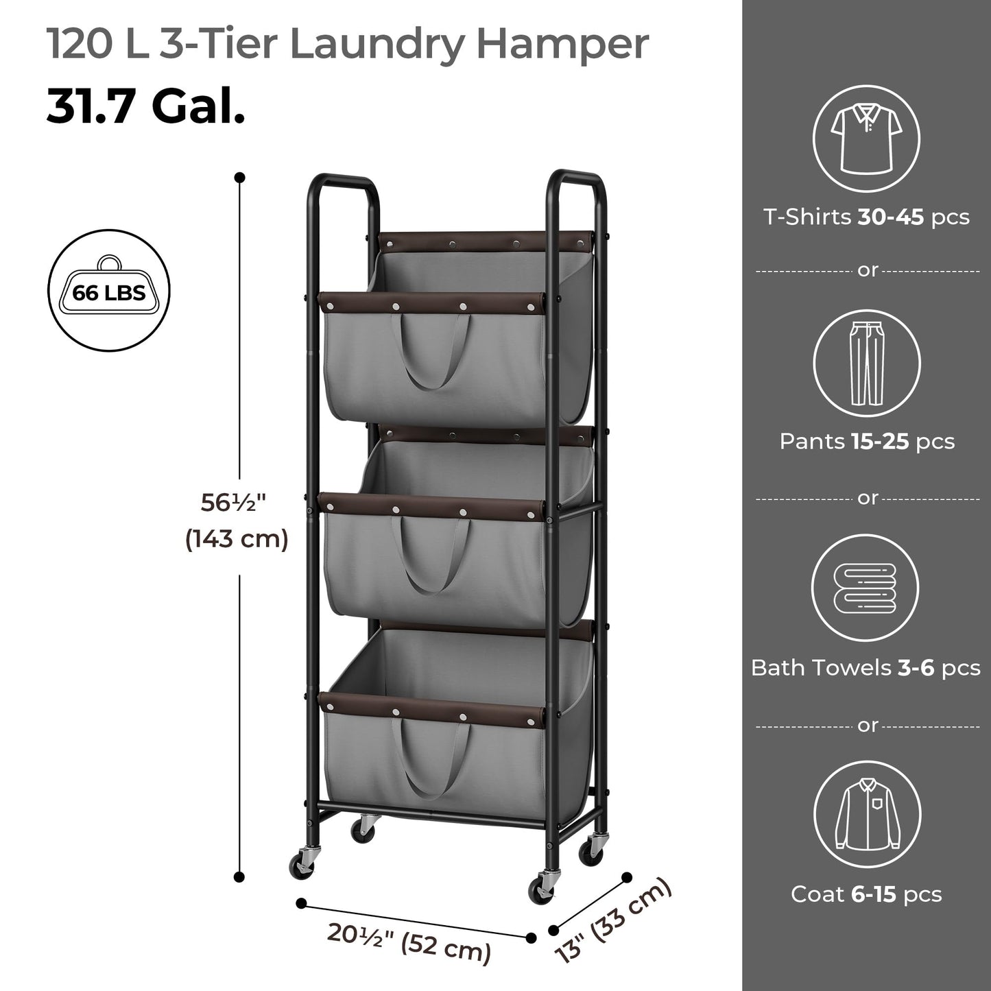 GRANNY SAYS 3 Tier Laundry Sorter, Laundry Hamper with Wheels, Laundry Room Organization and Storage, 3 Section Rolling Laundry Cart for Dorm, Bathroom, Bedroom, Closet, Grey