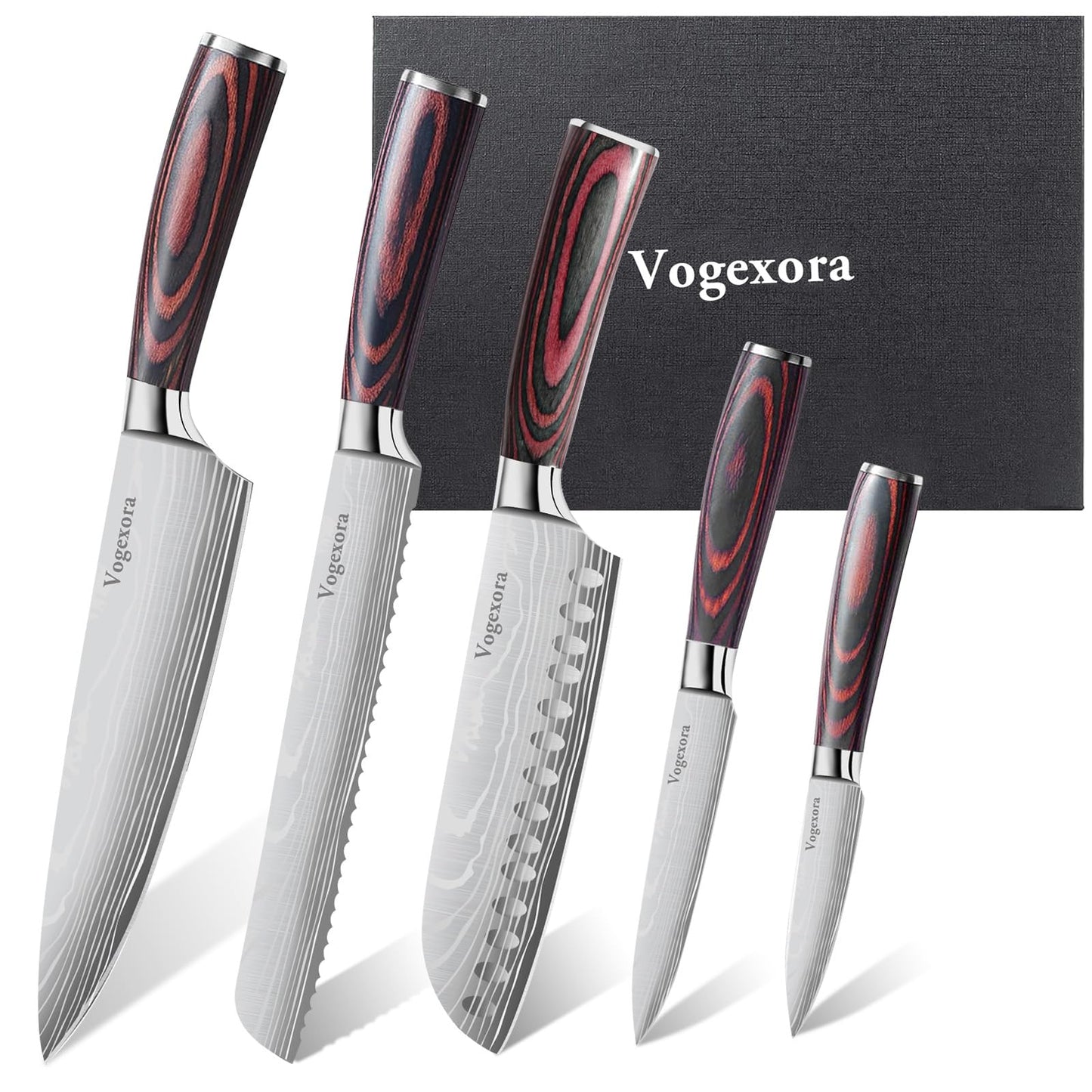 Vorgexora 5 Pcs Chefs Kitchen Sharp Knife Set - Japanese Professional Cooking Cutting Knives for Meat Vegetable Bread and Paring, High Carbon Stainless Steel Santoku