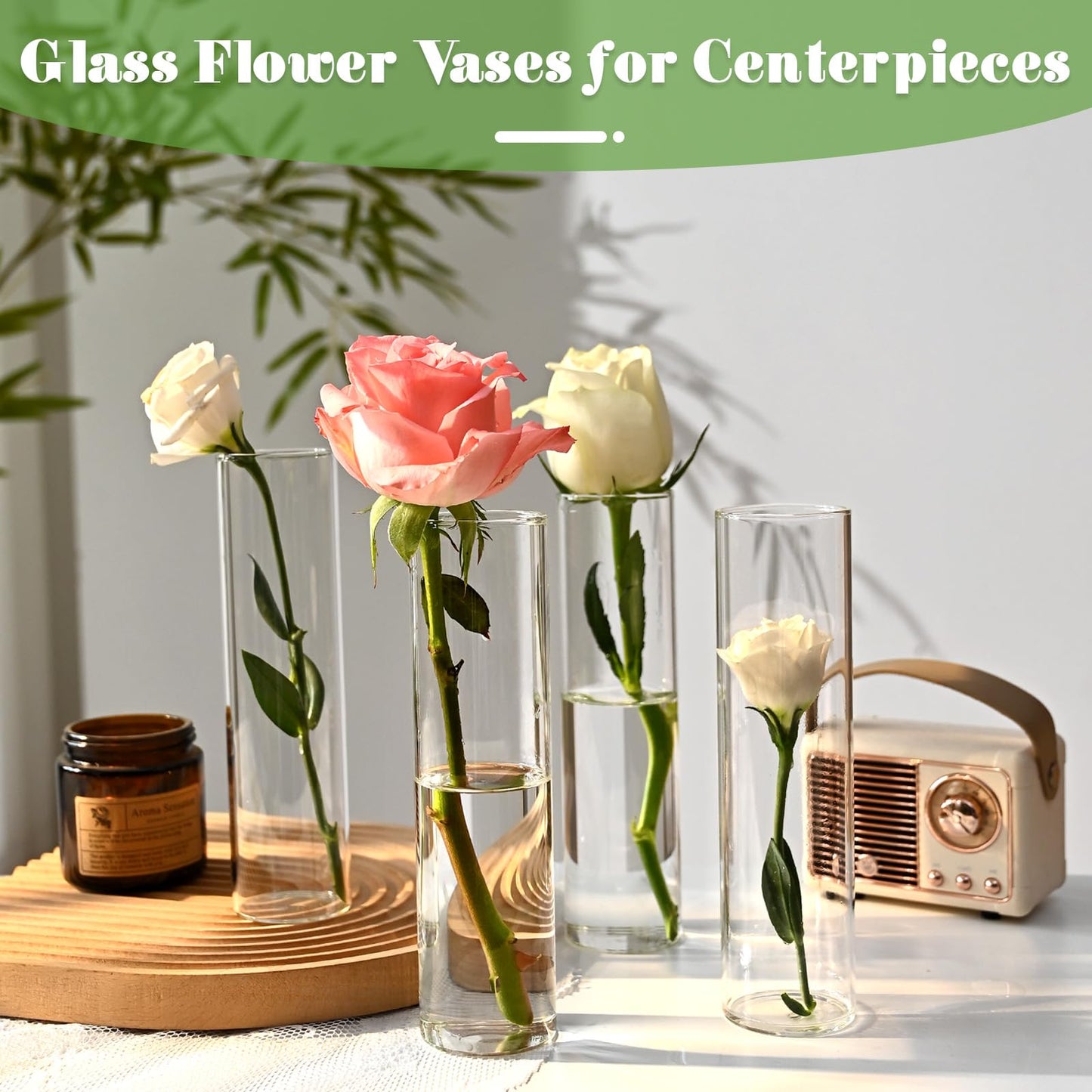 20 Pcs Glass Cylinder Bud Vases for Centerpieces, H: 7.15" x D: 1.85", Birthday Party Wedding Centerpiece Table Decorations, Home Decor, Small Cylinder Living Bud Vases in Bulk for Flowers