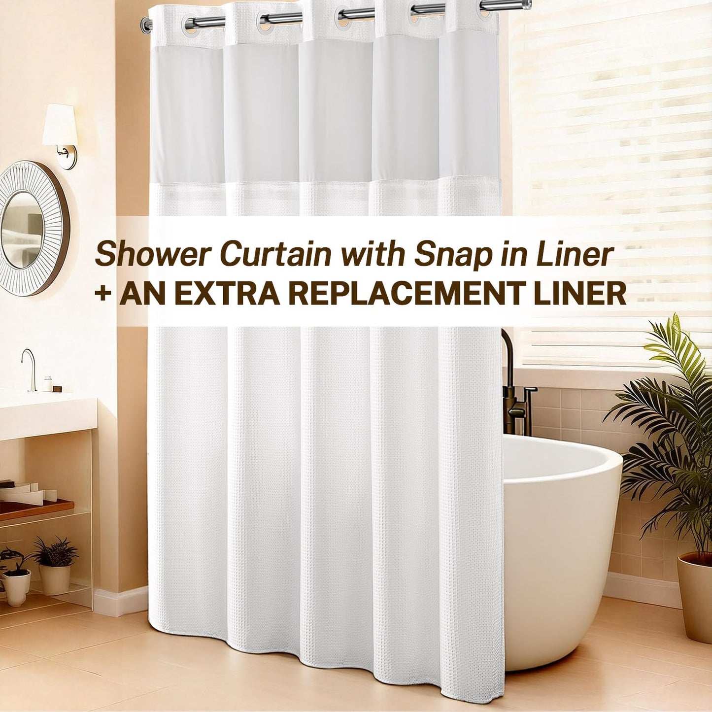 River Dream No Hooks Waffle Weave Shower Curtain with Snap in Liner + an Extra Replacement Liner，Bathroom Curtains Shower Set - 71W x 74H, Hotel Grade, Spa Like Bath Curtain, White