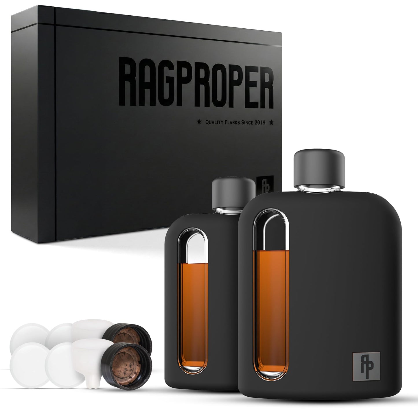 Ragproper Glass Hip Flask Set for Men – Modern Whiskey & Liquor Flasks with Cork & Silicone Lid Liner, Durable Silicone Cover, Firm Grip & Curved Edges – 100ml Single Shot and 240ml Double Shot, Black