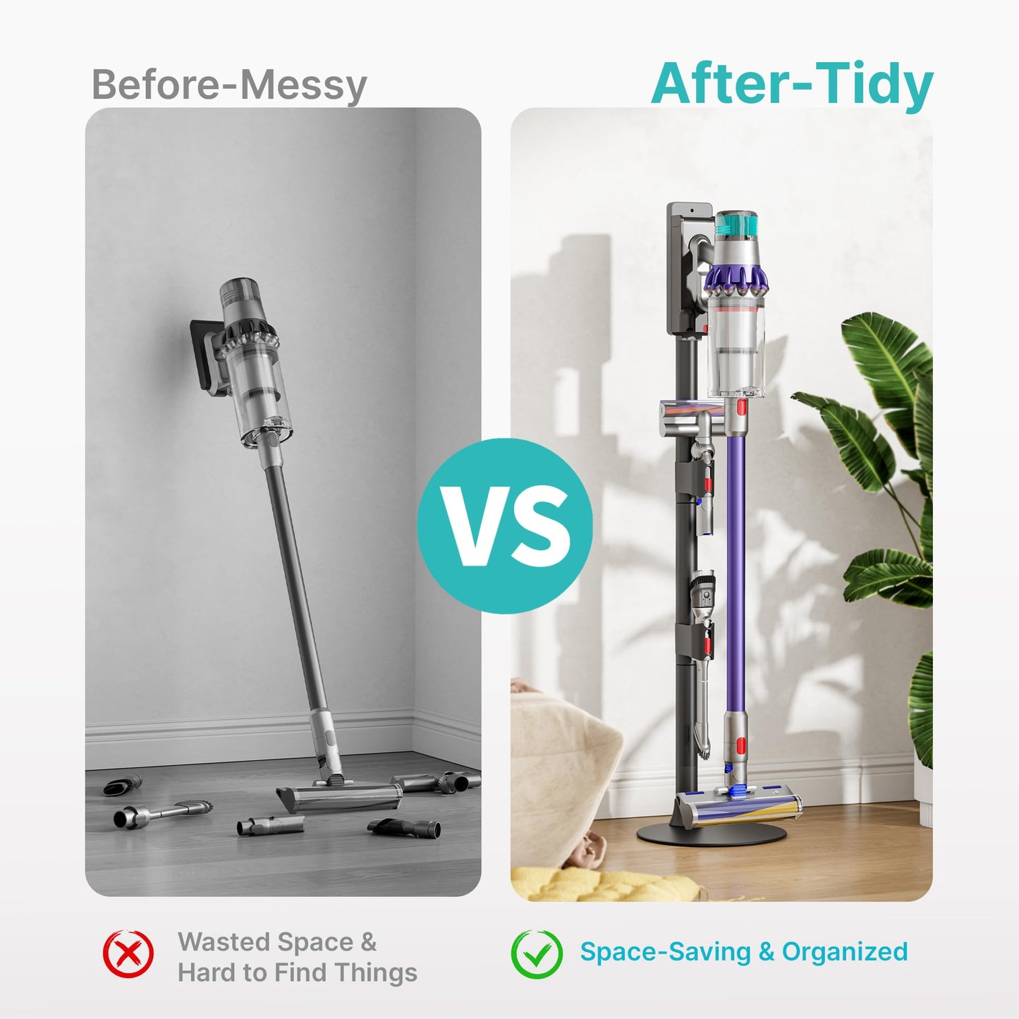 PEGZONE Vacuum Cleaner Stand, Compatible with Dyson Gen5 V15 V12 V11 V10 V8 V7 V6, Cordless Vacuum Holder with 2 Removable Accessory Clips, Attachment Organizer with Built-in Cable Slot, Black