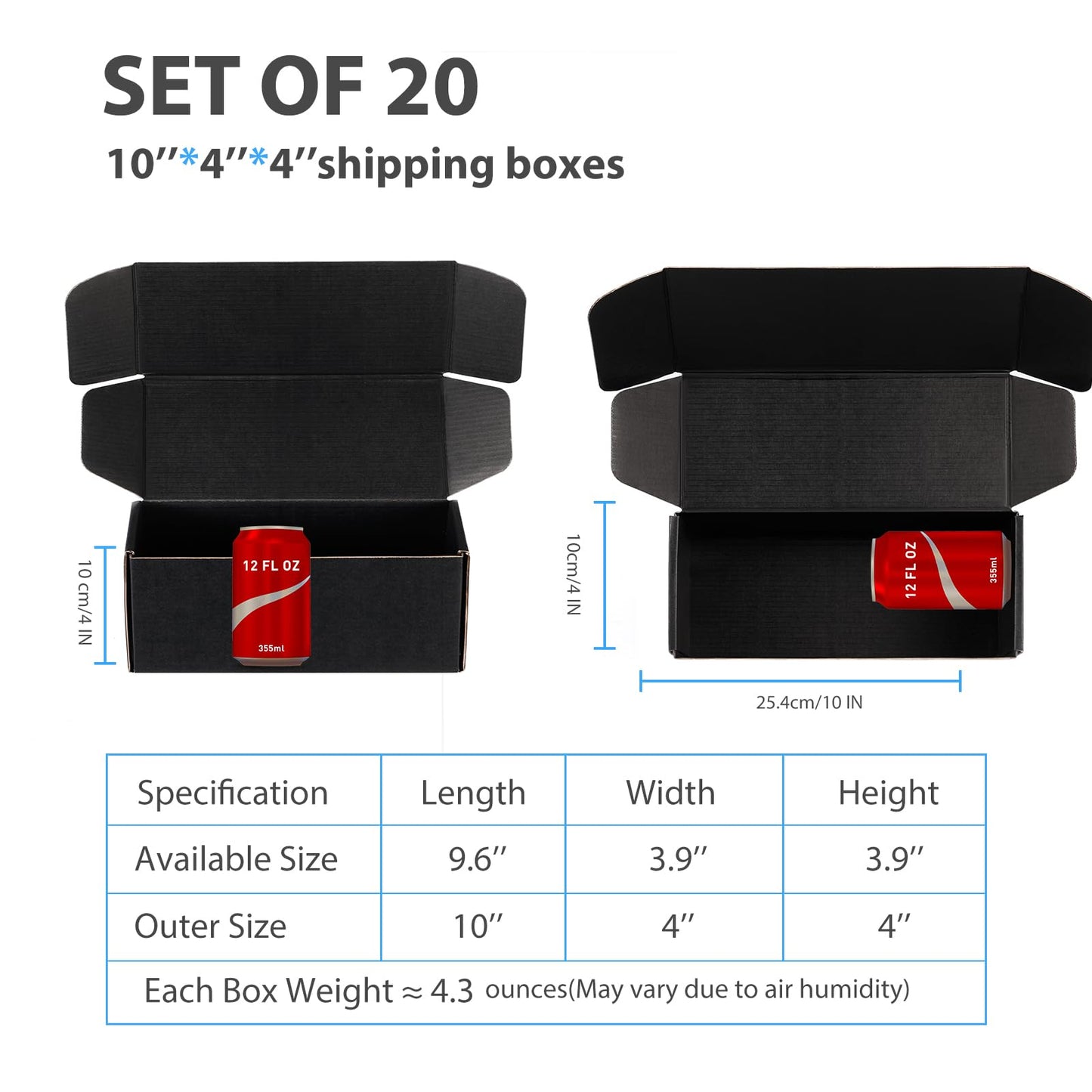 DUZCLI Small Shipping Boxes 10x4x4 Inches – Black Corrugated Cardboard Boxes (20-Pack) for Mailing, Packing, Small Business & Gift Packaging - Recyclable & Sturdy