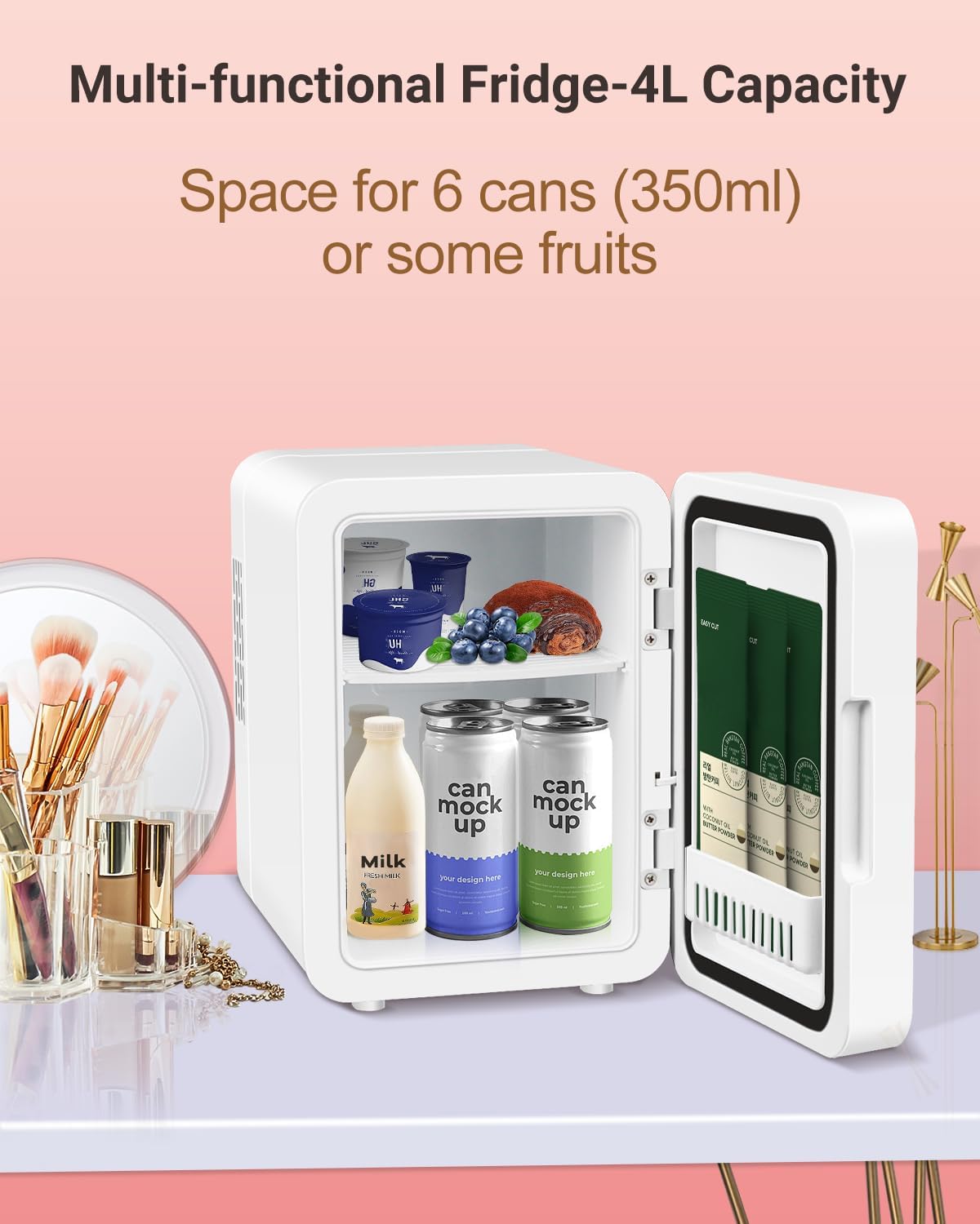NISHCON Portable Mini Fridge for Skincare Beauty Cosmetic Makeup, 4-Liter Thermoelectric Cooling and Warming Skin Care Refrigerator With Mirrored Door and Dimmable LED Light, White