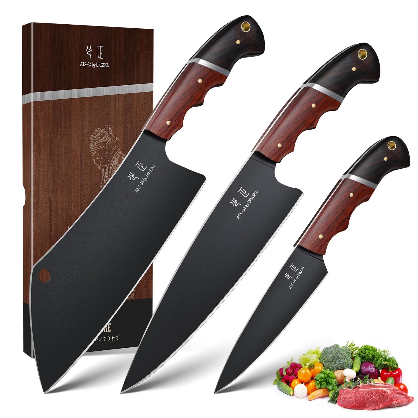 DRGSKL Japanese Chef Knife Set - 3 PCS Kitchen Utility Knife Sets for Cooking, Meat Cleaver Knives Set with Full Tang Wooden Handle, Gifts for Men and Women