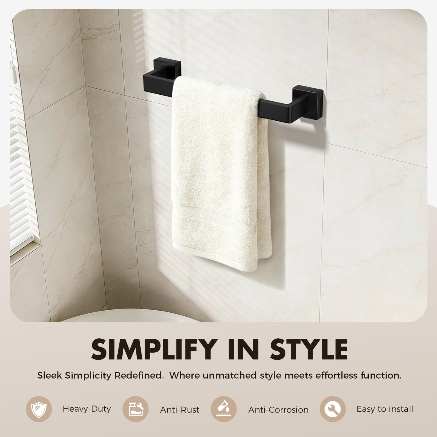 Bathroom Accessories Towel Bar Set: 10 Pieces Matte Black Bathroom Hardware Square SUS304 Stainless Steel - Wall Mounted Towel Rack&Toilet Paper Holder&Towel Ring and Towel Hook