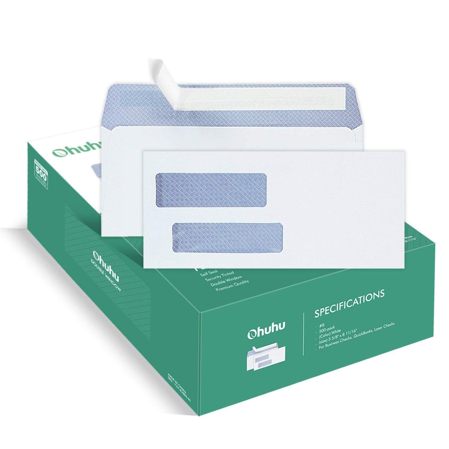 Ohuhu 500 Pack #8 Double Window Envelope SELF SEAL Adhesive Tinted Security Envelopes Quickbooks Check, Business Check, Documents Secure Mailing, 3 5/8" x 8 11/16", White Envelope