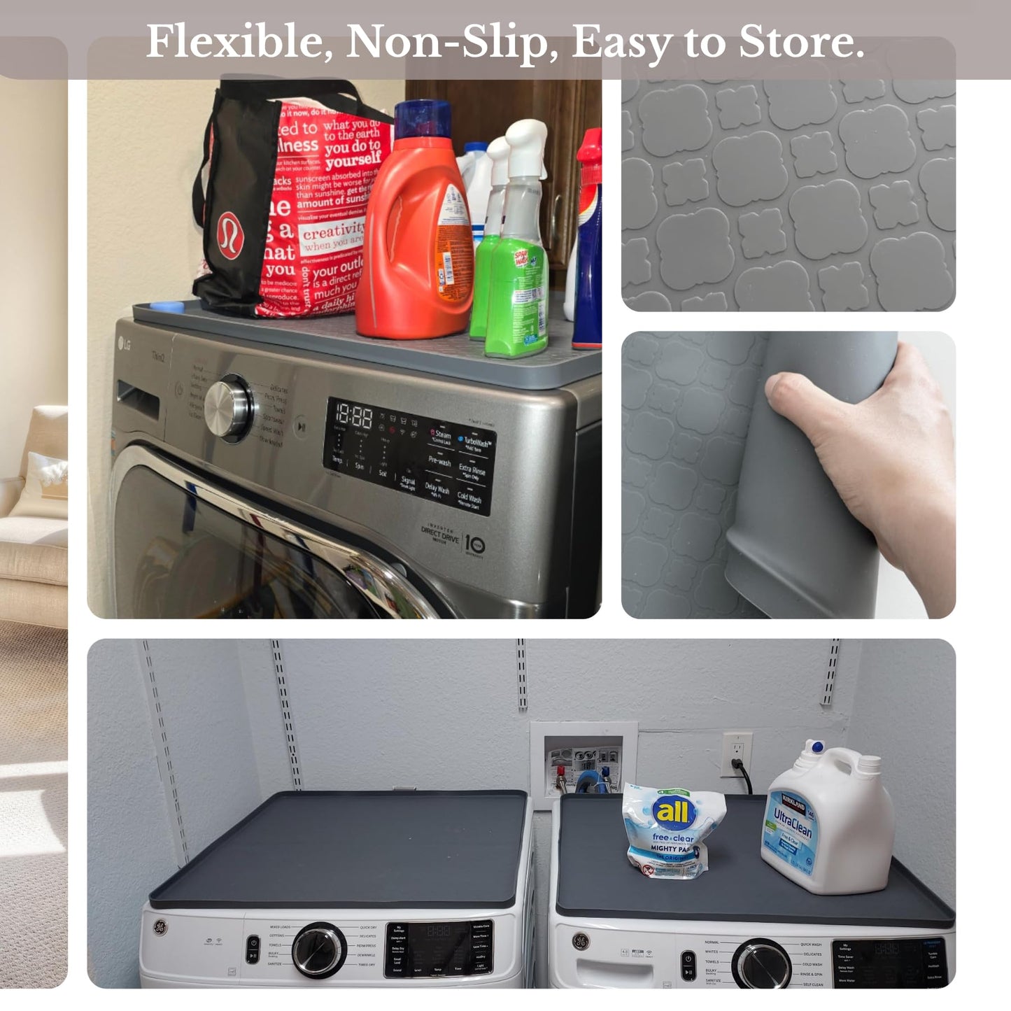 Iycnkok Washer and Dryer Covers for the Top - 27''x 27'' Silicone Protector Mat for Washing Machine Countertop - Non-slip Rubber Waterproof Dustproof Ideal for Laundry Kitchen - Gray 2 Pack