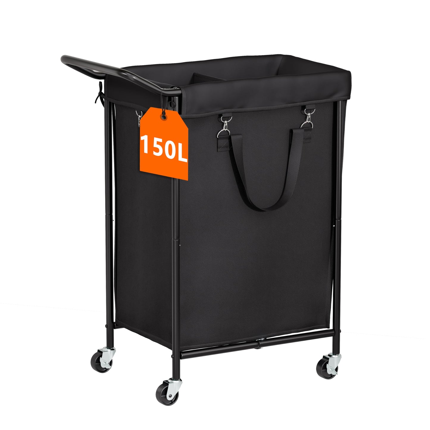 150L Laundry Basket with Wheels, Double Rolling Laundry Hamper with Metal Frame and Removable Bag, Dirty Clothes Hampers for Bedroom, Bathroom, Dorm Room, Black