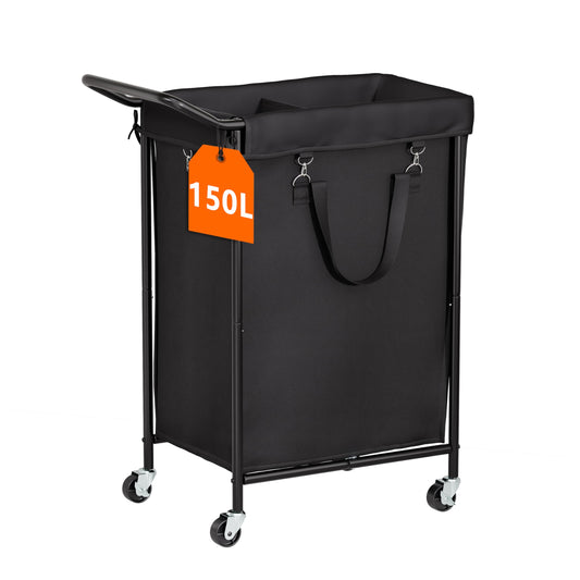 150L Laundry Basket with Wheels, Double Rolling Laundry Hamper with Metal Frame and Removable Bag, Dirty Clothes Hampers for Bedroom, Bathroom, Dorm Room, Black