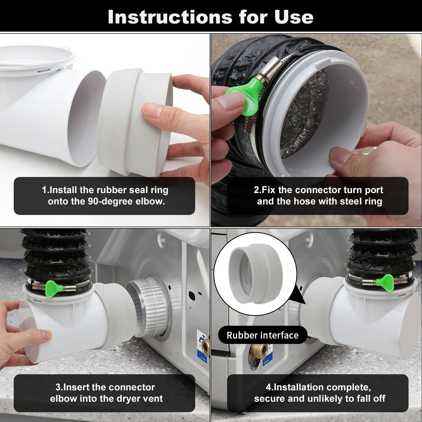 4Inch Dryer Vent Hose 10FT, Rubber Interface Dryer Vent Connector Kit for Tight Space, 90 Degree Dryer Vents Elbow, 6 Layer Heavy Duty Flexible Aluminum Duct with 2 Key Hose Clamps