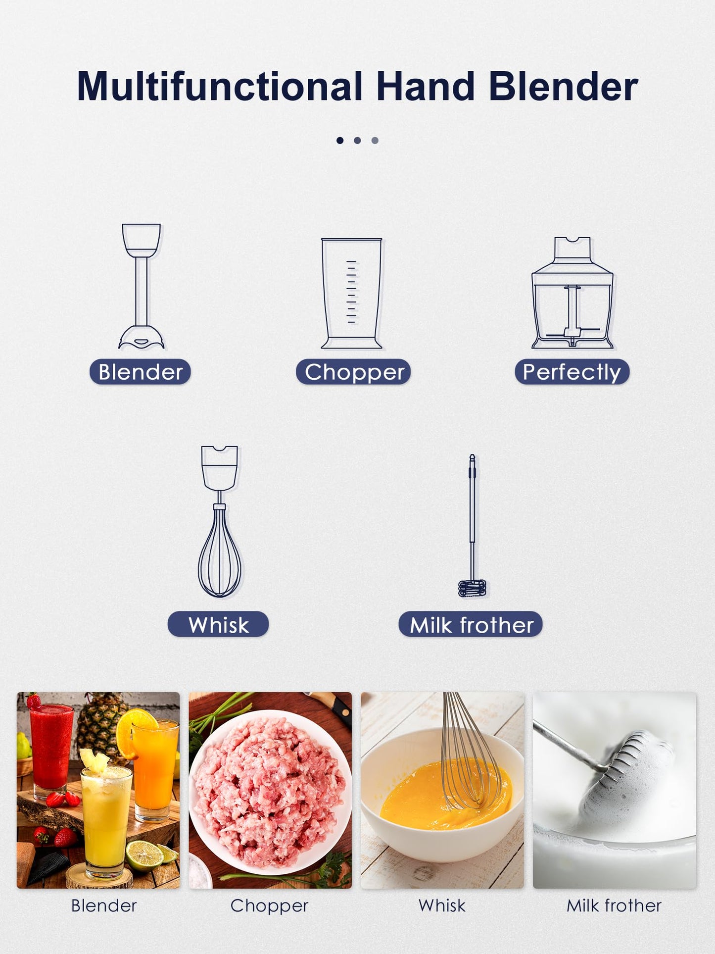 Reemix Immersion Blender, 5 in 1 Hand Blenders, 1000W Copper Motor Handheld Blender with Frother, Whisk, Beaker, Chopper Attachements, Stainless Steel Blades, Black