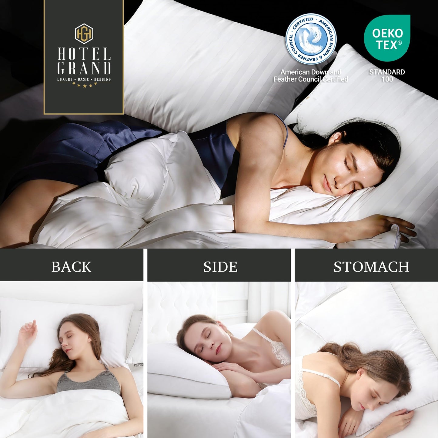 Hotel Grand Bed Pillows Standard Size Set of 2 Packs - 500 Thread Count 100% Cotton Medium Firm Hypoallergenic Feather Down Pillows Machine Washable Pillow for Back, Stomach or Side Sleepers, 20"x26"