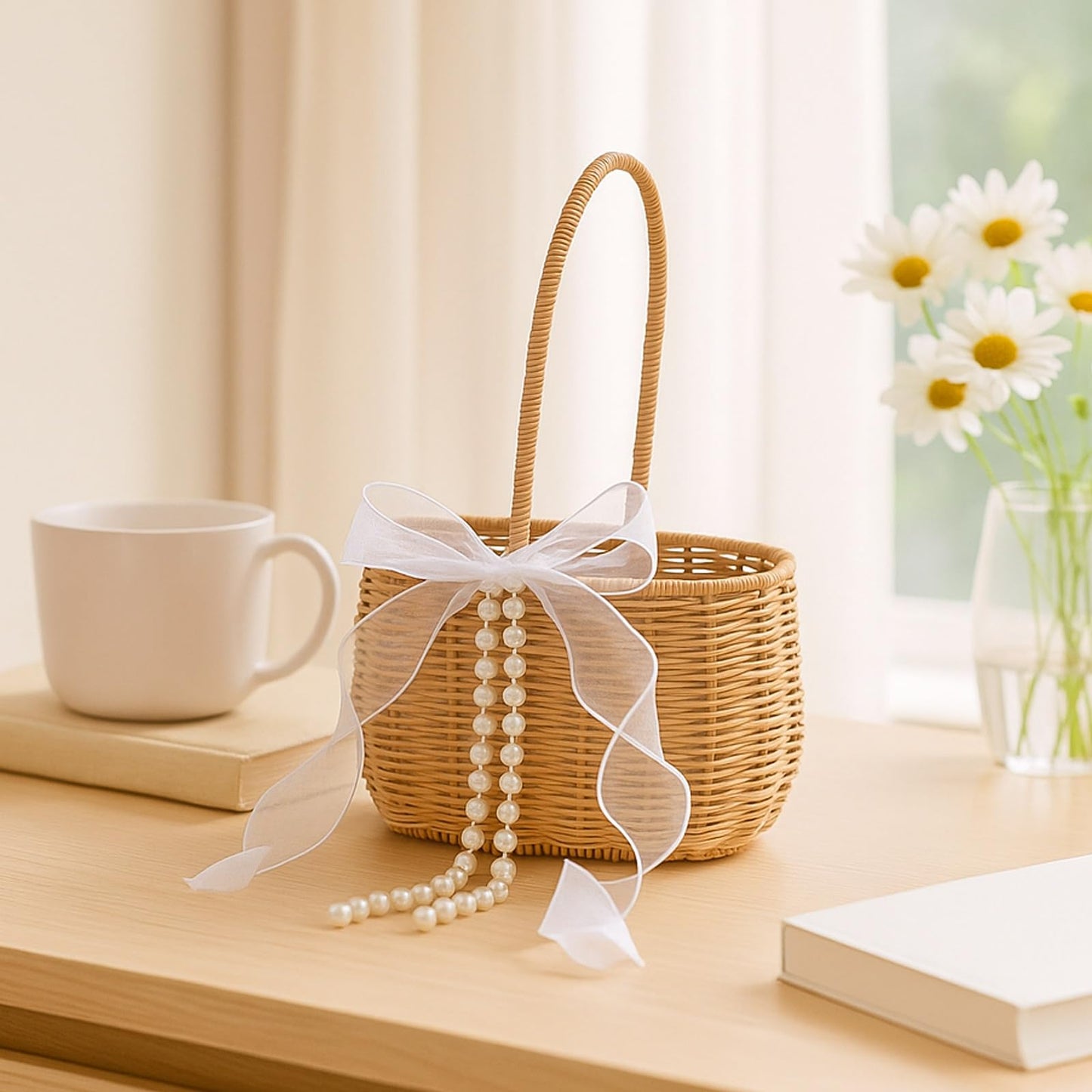 SiliFine 2 Pcs Wicker Rattan Flower Girl Basket with Bows and Pearl 11.8x8.7x5.1 Inches Rustic Wedding Basket for Flower Girl, Hand Woven Willow Storage for Ceremonies Home Decoration (Classic)