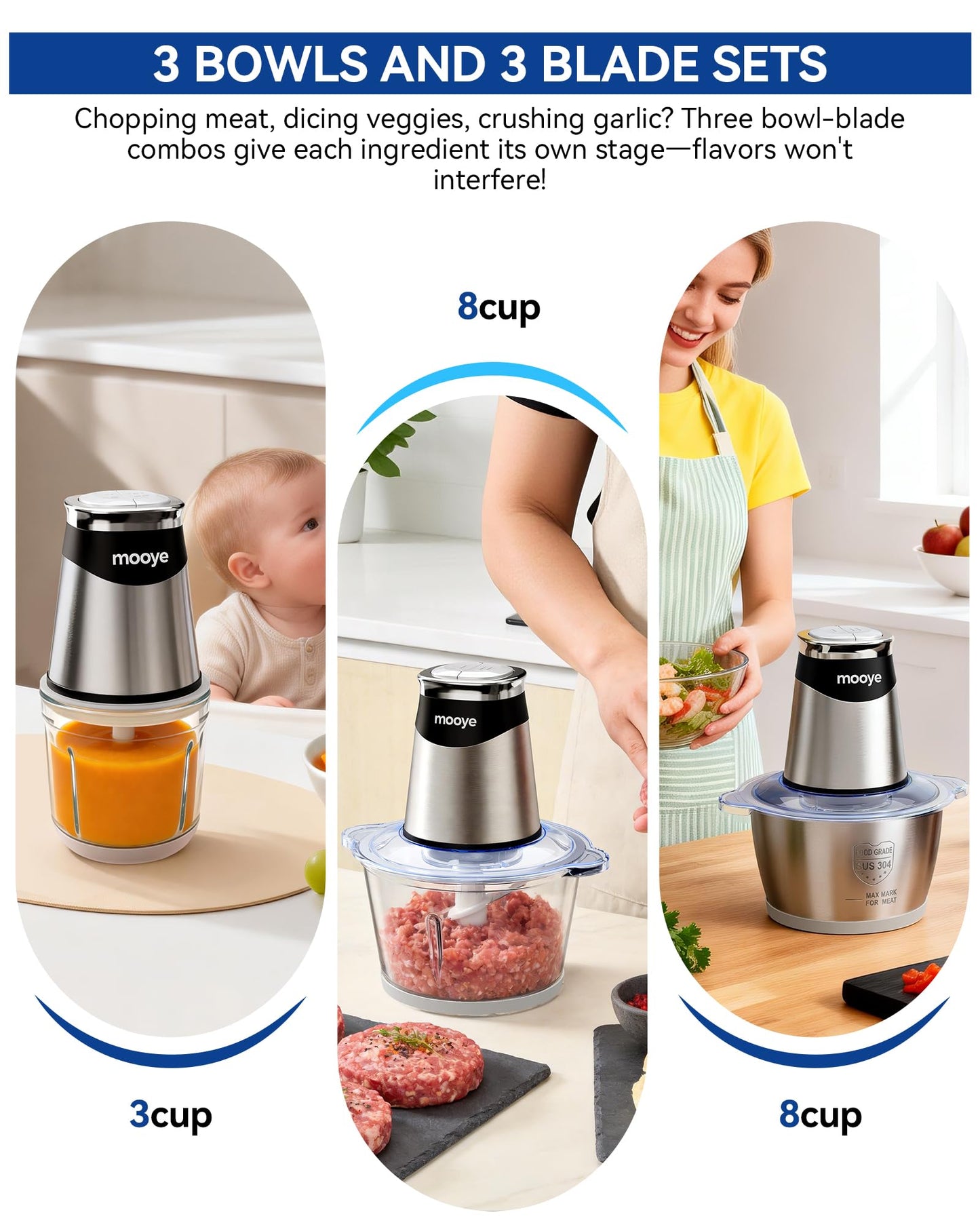 Mooye Food Processors Electric Food Chopper with Meat Grinder & Vegetable Chopper - 3 Bowls(8Cup+8Cup+3Cup) with Powerful Copper Motor - Includes 3 Sets of Bi-Level Blades for Fruits/Meat/Nuts