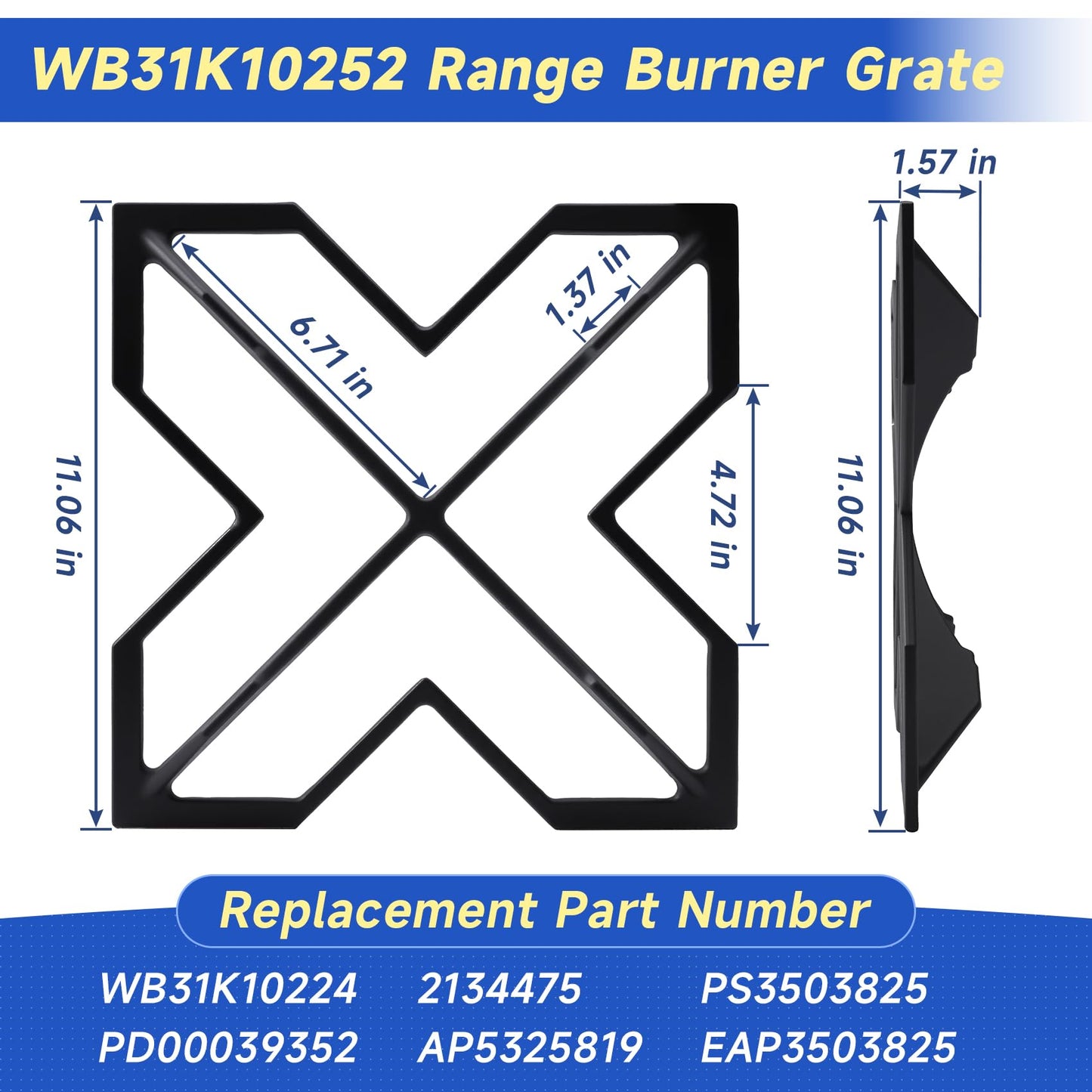 WB31K10252 Range Burner Grate Compatible with GE Range Grate Replacement ZDP366NP1SS ZGP364NDR1SS ZDP364NRP1SS ZDP486NDP1SS ZDP364LDP1SS, Replace WB31K10224 PD00039352 2134475 AP5325819 PS3503825