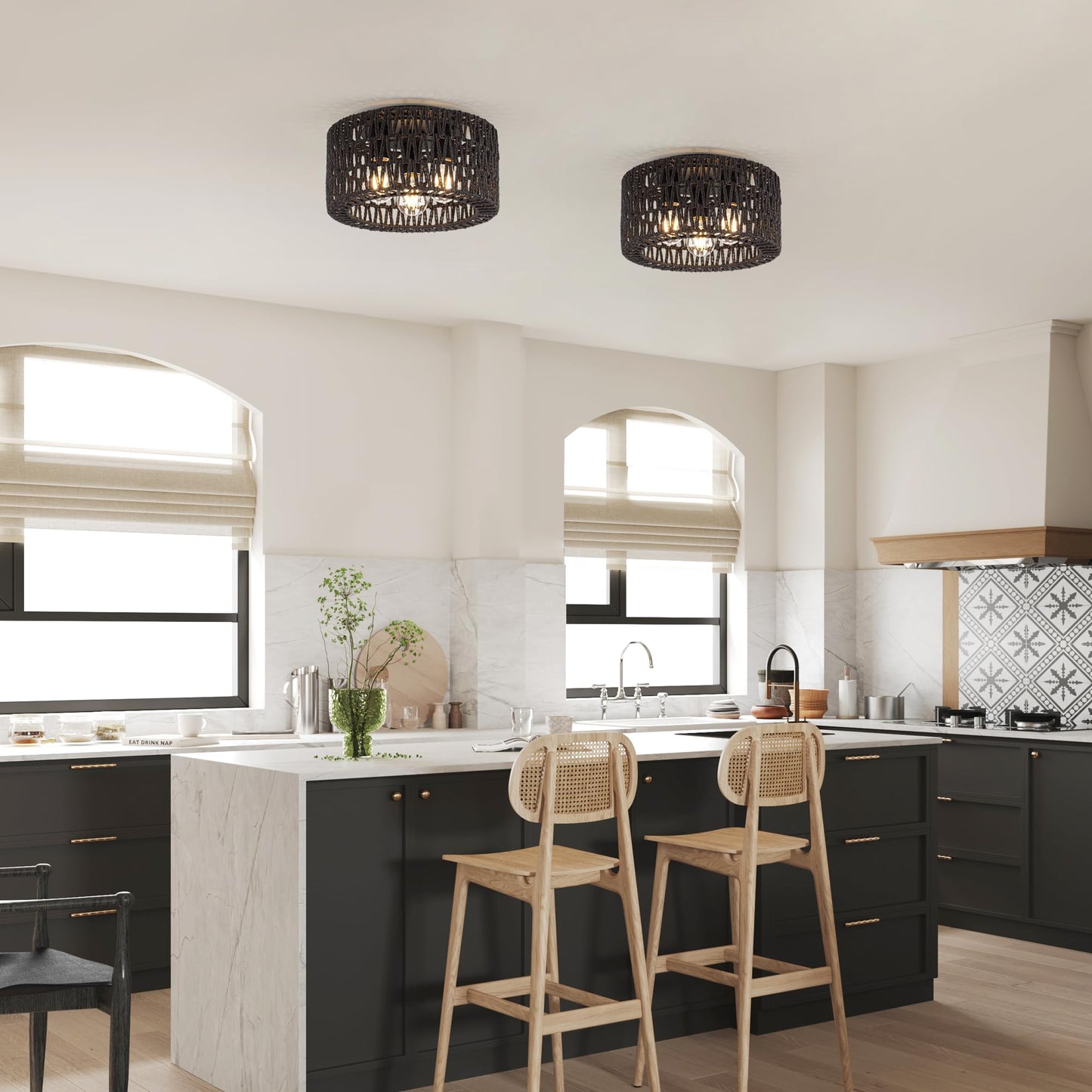 Rattan Ceiling Light Fixture, 3-Light Bohemian Modern Woven Ceiling Light, Black Boho Flush Mount Ceiling Light for Bedroom Living Room Dining Room, Bulb Not Included